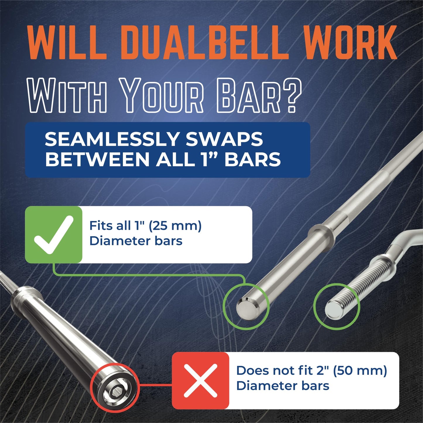 Blue DUALBELL Superset for 1” bar and black weight collars- Home gym dumbbell to barbell adapters - Connect Dumbbells to 1” standard diameter bar to replace weight plates- holds up to 100lb dumbbell