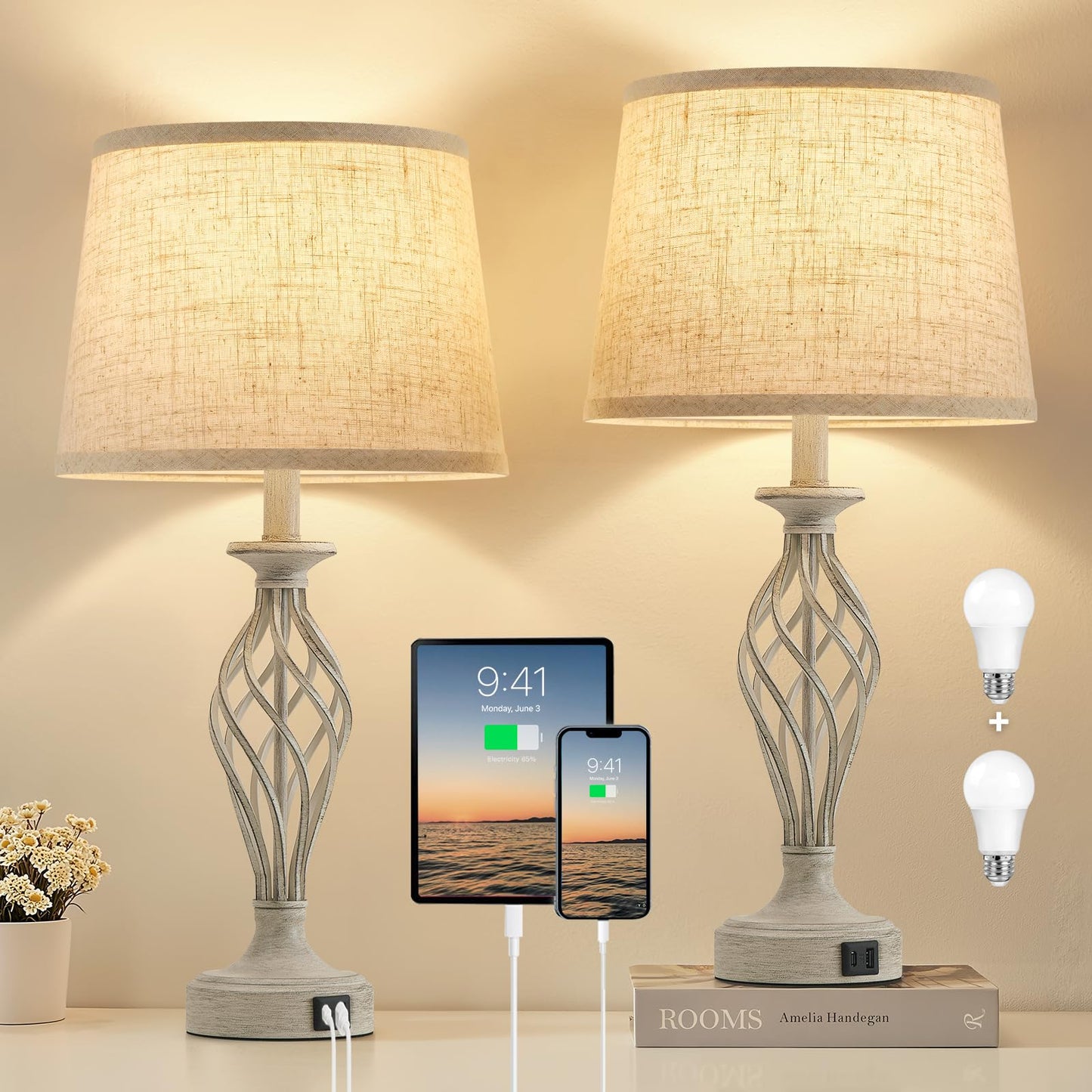 EJIAXIN Table Lamp for Bedroom Set of 2 - Light Grey Bedside Lamps with USB C+A Ports,Rustic Distressed Farmhouse Bedroom Lamp - Lamp for Living Room Reading Bed Side End Table Bulbs Included