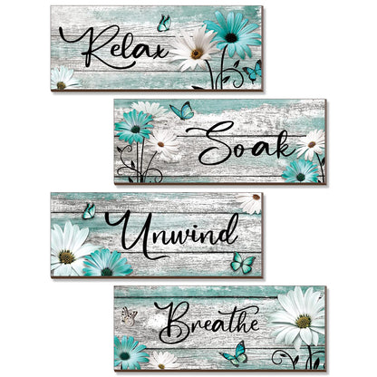Sunnyray 4 Pcs Farmhouse Bathroom Wall Decor Sign Spring Daisy Tulip Flowers and Butterfly Bathroom Wall Art Relax Soak Unwind Breathe Rustic Wood Plaque Decor(10 x 4 Inch,Turquoise)
