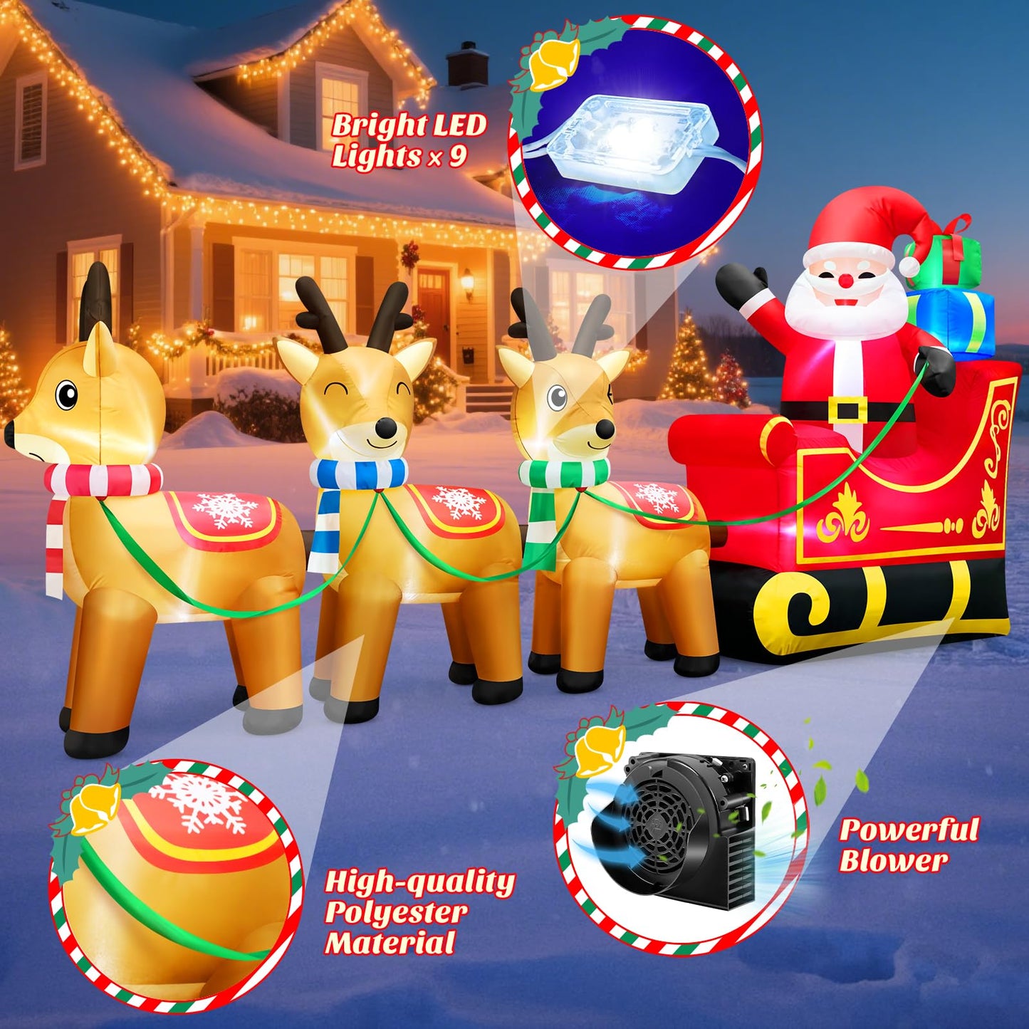 12 Foot Long Christmas Inflatables Santa Claus & Reindeer Sleigh Outdoor Decorations, Built-in LEDs Giant Funny Sled Merry Xmas Blow Up Yard Decoration Winter Inflatable Vacation Lawn Outside Blowups