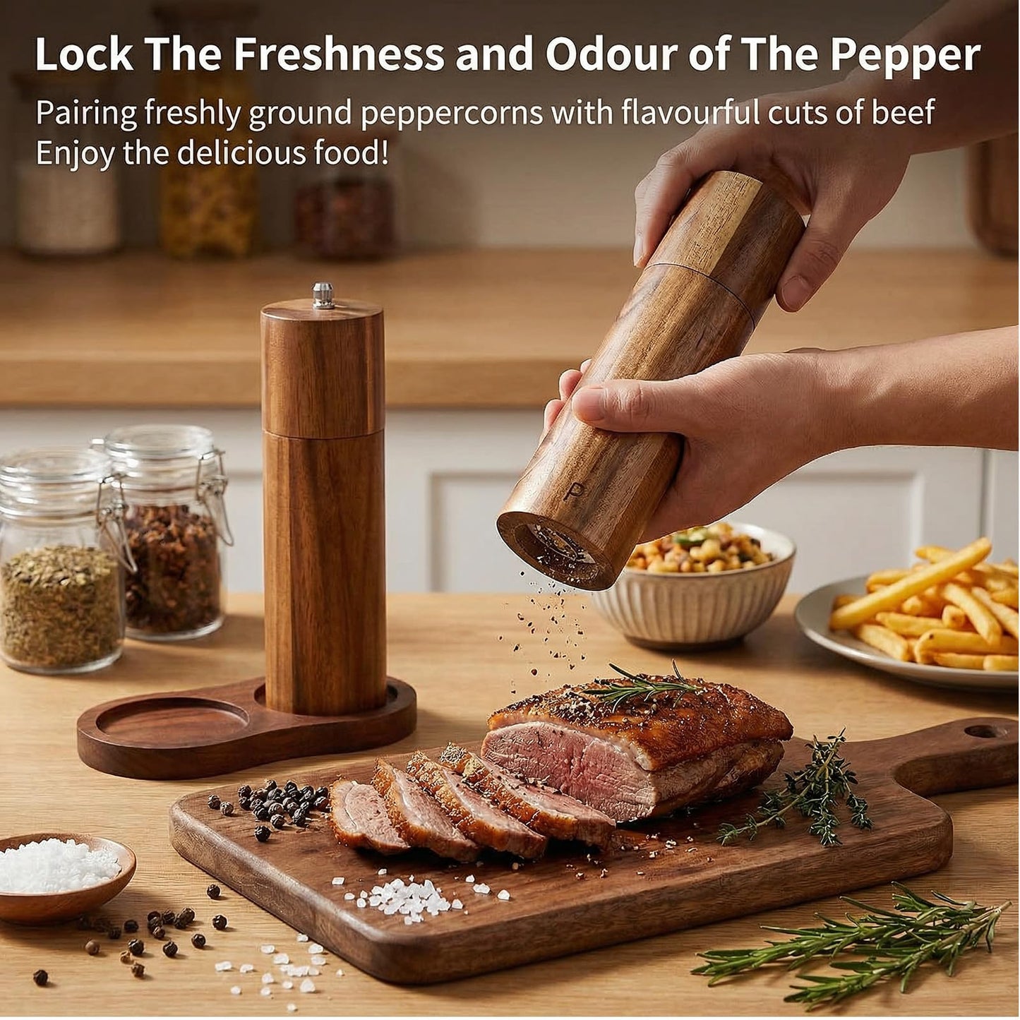 Wooden Salt and Pepper Grinder Set, 8 Inch Manual Mill with Tray, Adjustable Coarseness, Refillable Acacia Wood Grinders for Kitchen, Home, and Gift (Brown)