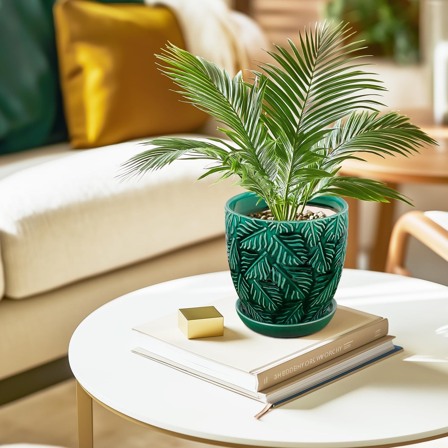 LITUDISO Ceramic Plant Pots, 6 Inch Indoor Plant pots with Drainage Hole and Saucer, Flower Pots, Leaf Embossed - Green Glaze, Set of 2