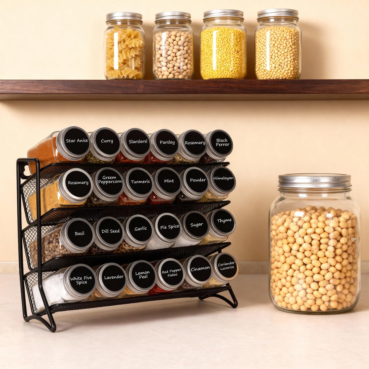 DIDITIME Spice Rack Organizer with 24 Glass Jars and 60 Labels, 4-Tier Seasoning Organizer for Cabinet, Countertop, Pantry or Wall Mount, Rust-Resistant Carbon Steel Spice Jar Set with Marker