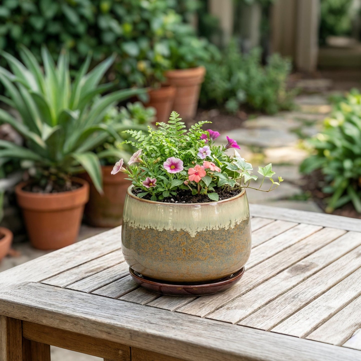 Fivepot Ceramic Plant Pots - 6 Inch Planter with Drainage and Saucer, Round Ceramic Pots for Indoor Plants, Decorative Small Planter, Office Living Room Decor, Housewarming Gifts, Brown-Beige