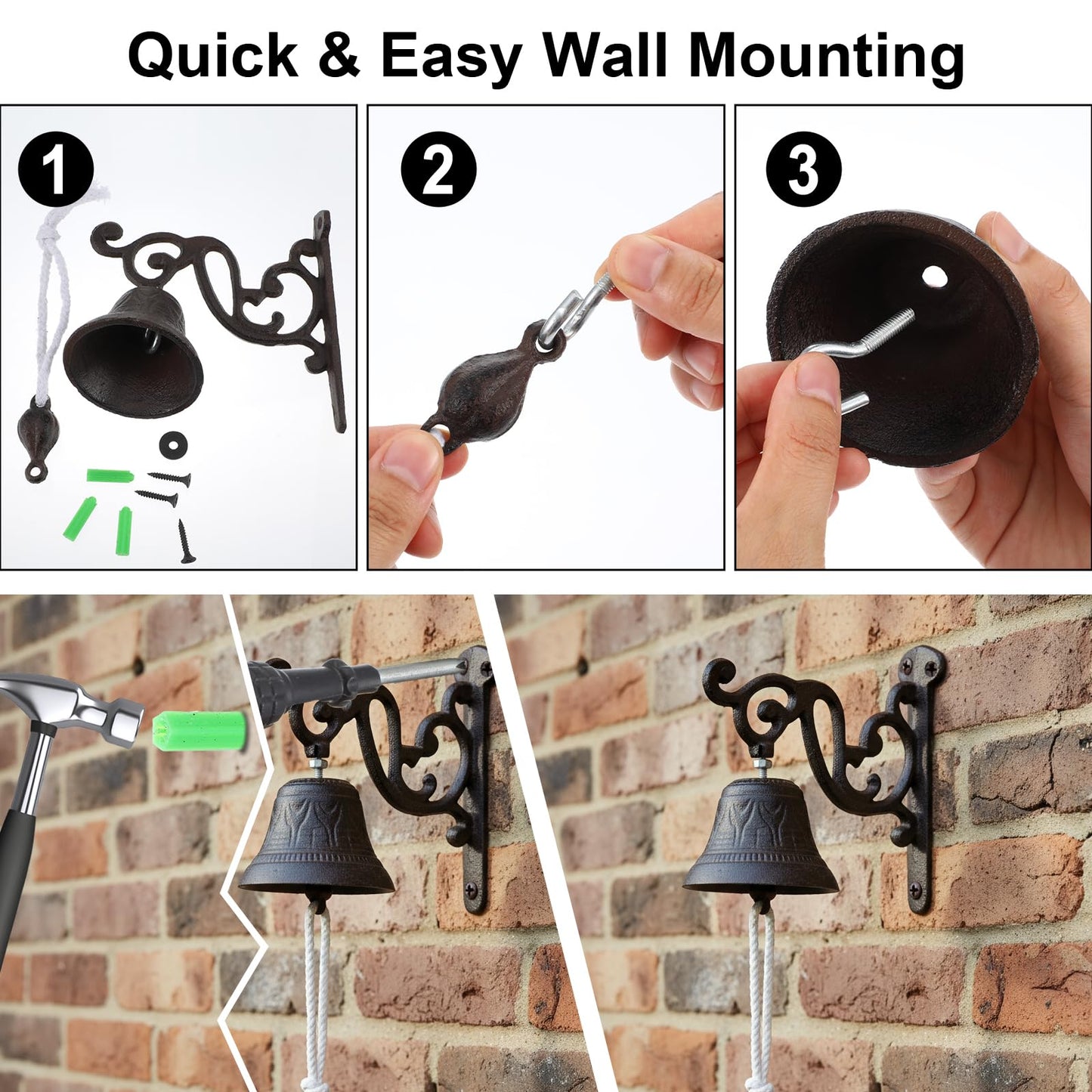 2 Pack Cast Iron Dinner Bells with Rope - Classic Brown Outdoor Hanging Bell for Wall Mount, Farmhouse, Garden, Porch - Loud Sound for Home, Church, Learning Places Decor