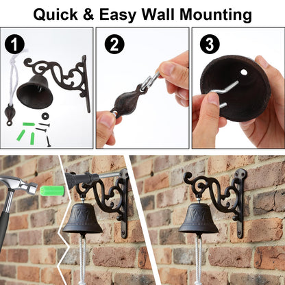 2 Pack Cast Iron Dinner Bells with Rope - Classic Brown Outdoor Hanging Bell for Wall Mount, Farmhouse, Garden, Porch - Loud Sound for Home, Church, Learning Places Decor