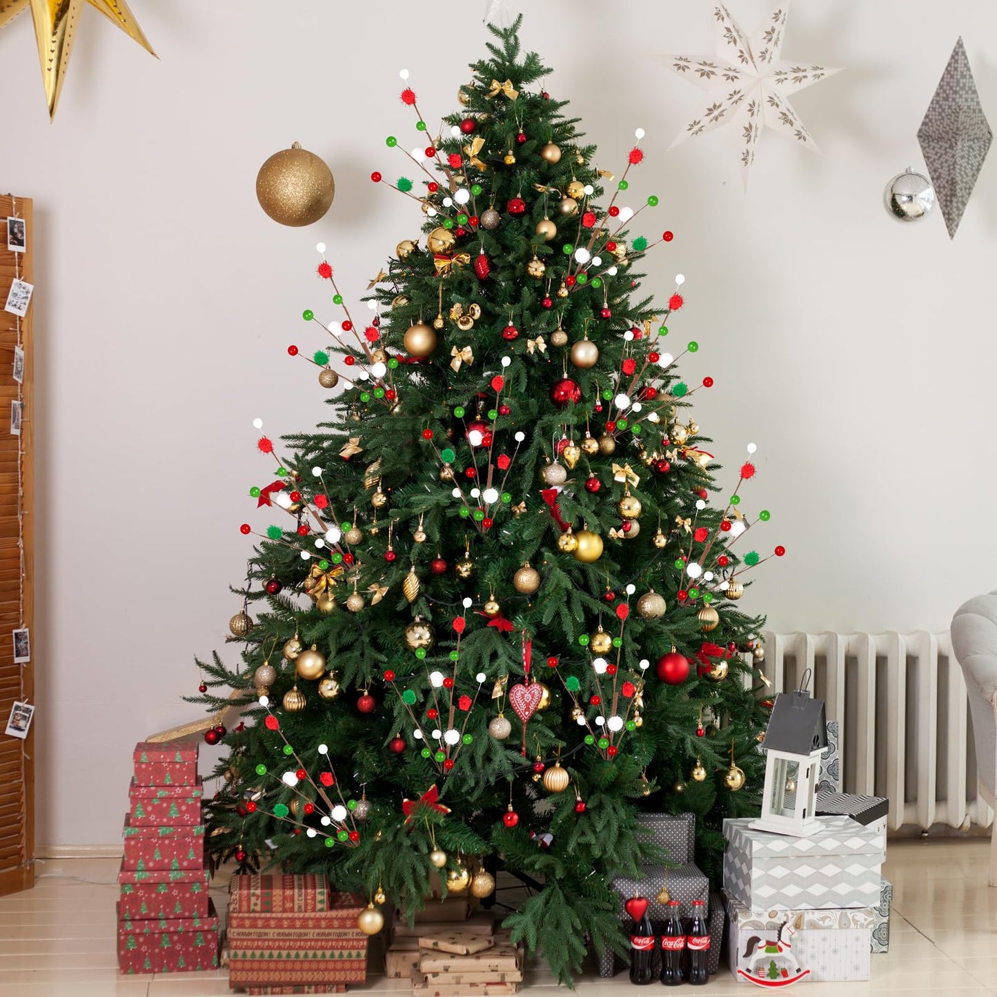 12PCS Christmas Tree Decorations Red Green Picks Berry Stems Xmas Ornaments Floral Pick with Beads Balls for Tree Topper Vase Home Table Decor