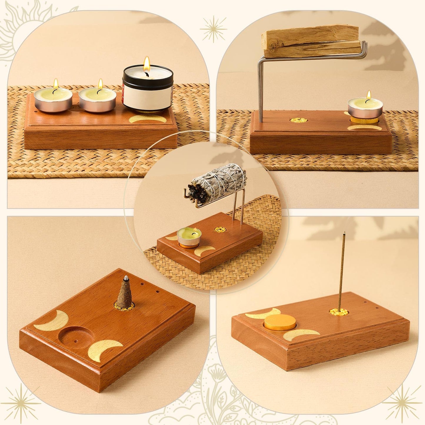 DoubleFill 4 in 1 Palo Santo and Sage Holder, Incense Sticks and Candle Holder with 4 Wooden Cylindrical Bases, Natural Wood Burner Bowl for Yoga Meditation Spirituality Enthusiasts Thanksgiving Gift