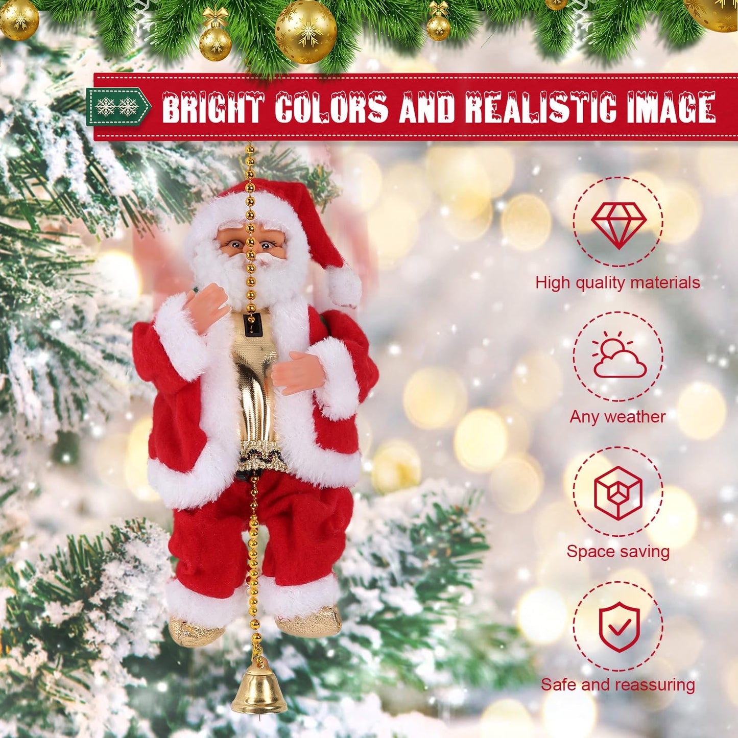 Gfilay 2025 Upgraded Climbing Santa Claus on Rope, Animated Electric Musical Christmas Ornament with 3 Modes, Secure Tree Hook & Reinforced White PVC Case, Heartwarming Holiday Decoration Gift