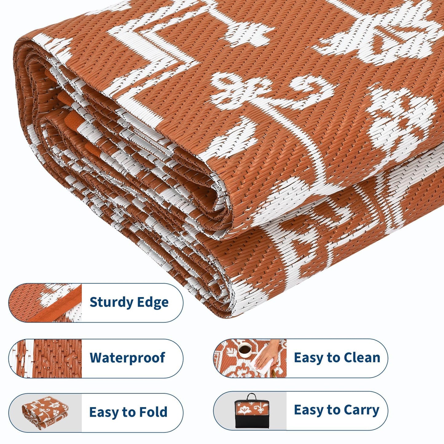 IDEALHOUSE Outdoor Rug 9x18 Ft, Waterproof Plastic Reversible Rug, Persian Style Camping Mat for Outdoors, RV, Patio, Backyard, Deck, Picnic, Beach, Trailer(Orange Red & White)