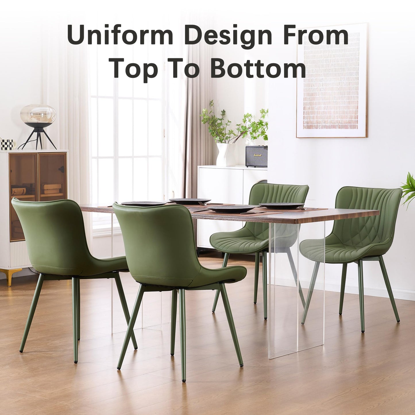 YOUTASTE Upholstered Leather Dining Chairs Set of 2 All Olive Green, Mid Century Modern Comfy Kitchen Dining Room Chair, Green Metal Legs, Armless Accent Chair for Living Room Bedroom