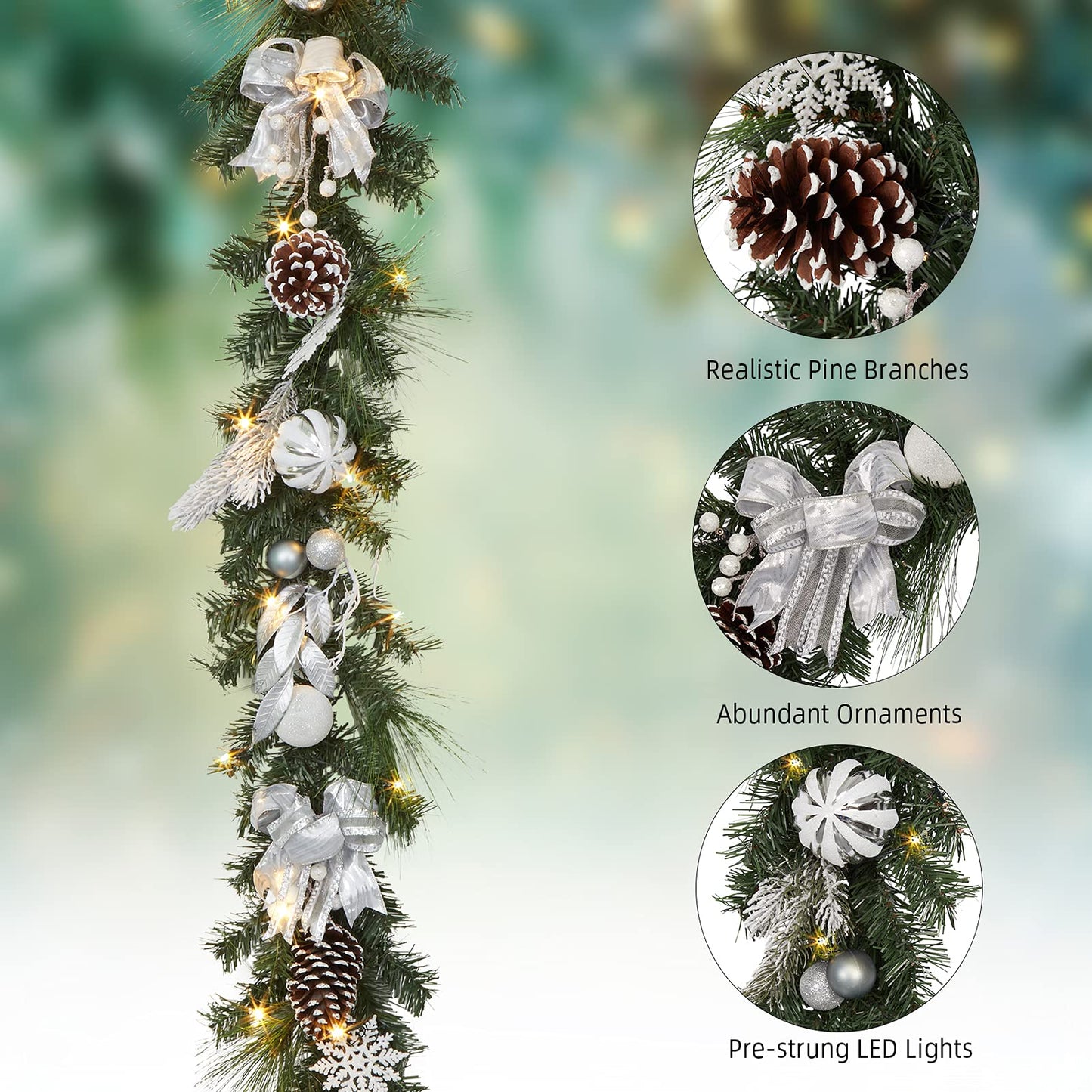 Adeeing Christmas Garland with Lights, 6 ft Pre-lit Silver White Christmas Garland with Ball Ornaments Pine Cones Berries Battery Operated Lights for Indoor Outdoor Fireplace Staircase Decoration