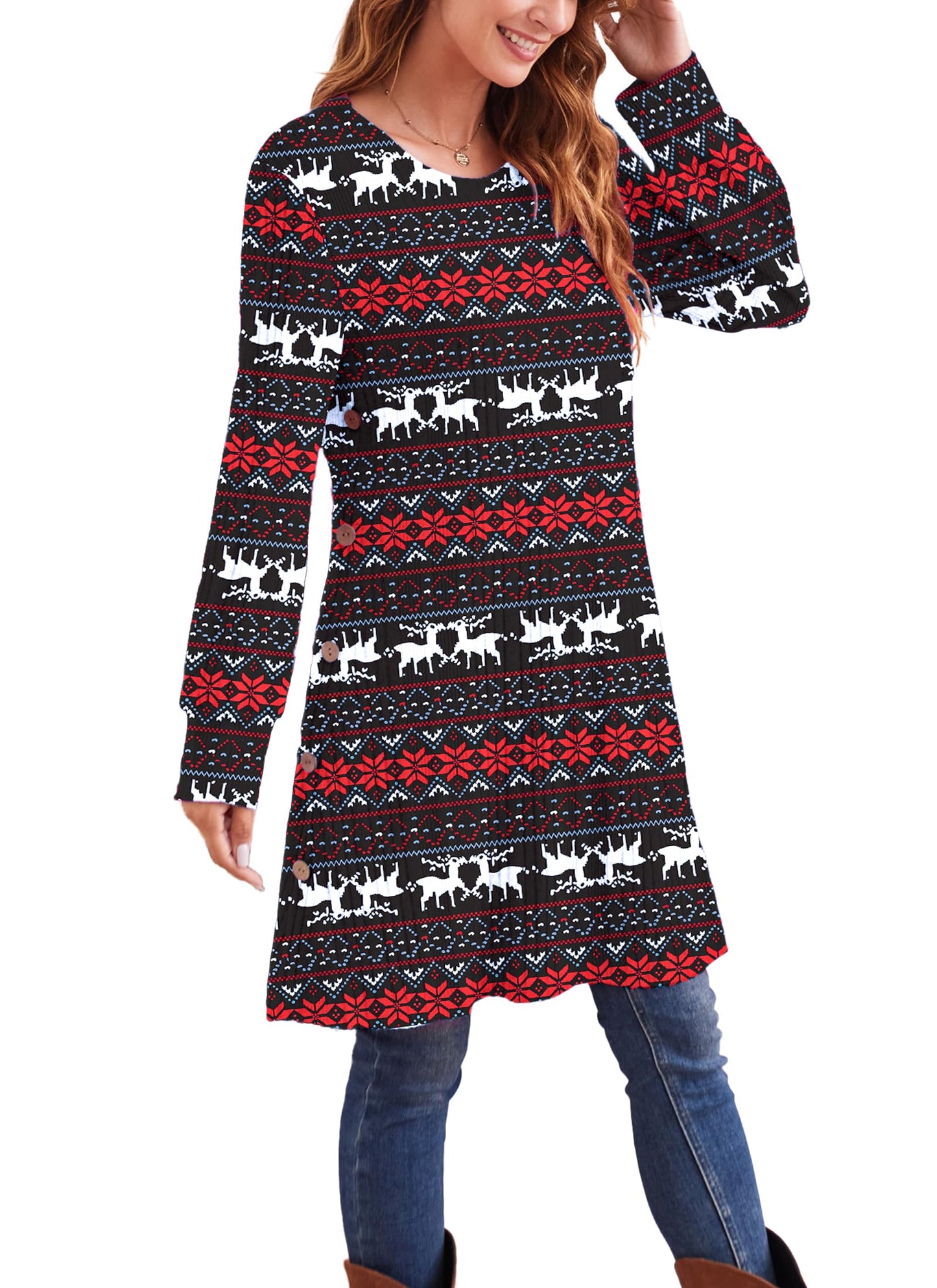 Kikibell Christmas Reindeer Long Sleeve Dress Ugly Christmas Sweater for Women Christmas Dresses for Women Plus Size Winter Dresses
