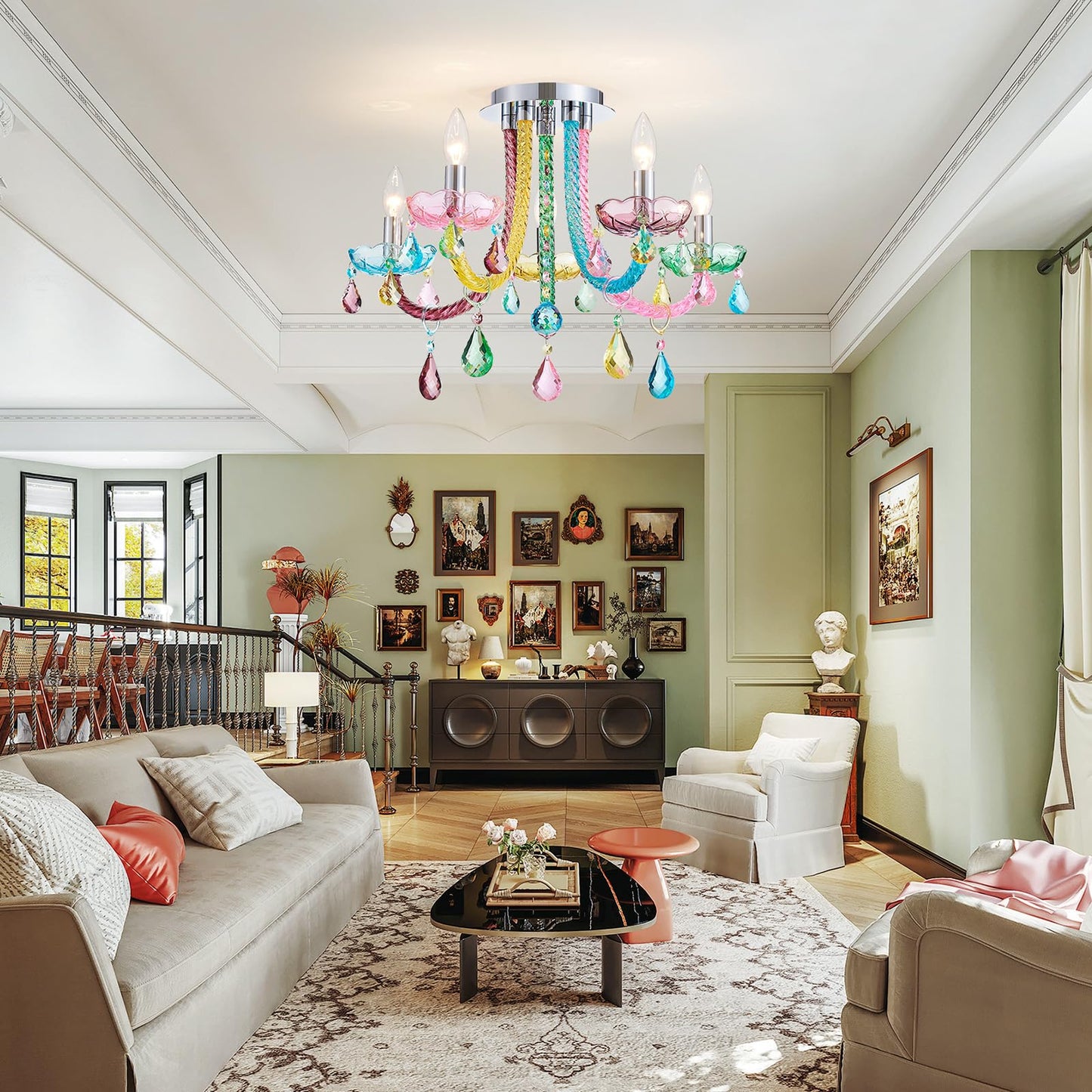 ElegLumi 5-Light Children Candle Chandeliers, Modern Candy Design Flushmount Light Fixture for Bedroom, Dining Room, Kitchen, Bathroom, D22×H16 inch, Clear Rainbow Color Finish & K9 Crystal