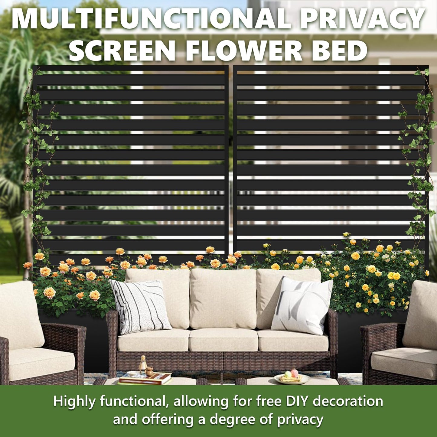 Metal Raised Garden Bed with Trellis, 2 in 1 Trellis with Planter Box & Privacy Screen for Climbing Plants, Vine, Outdoor Standing Flower Beds with Drainage Holes, 35" L x 16" W x 71" H, Black