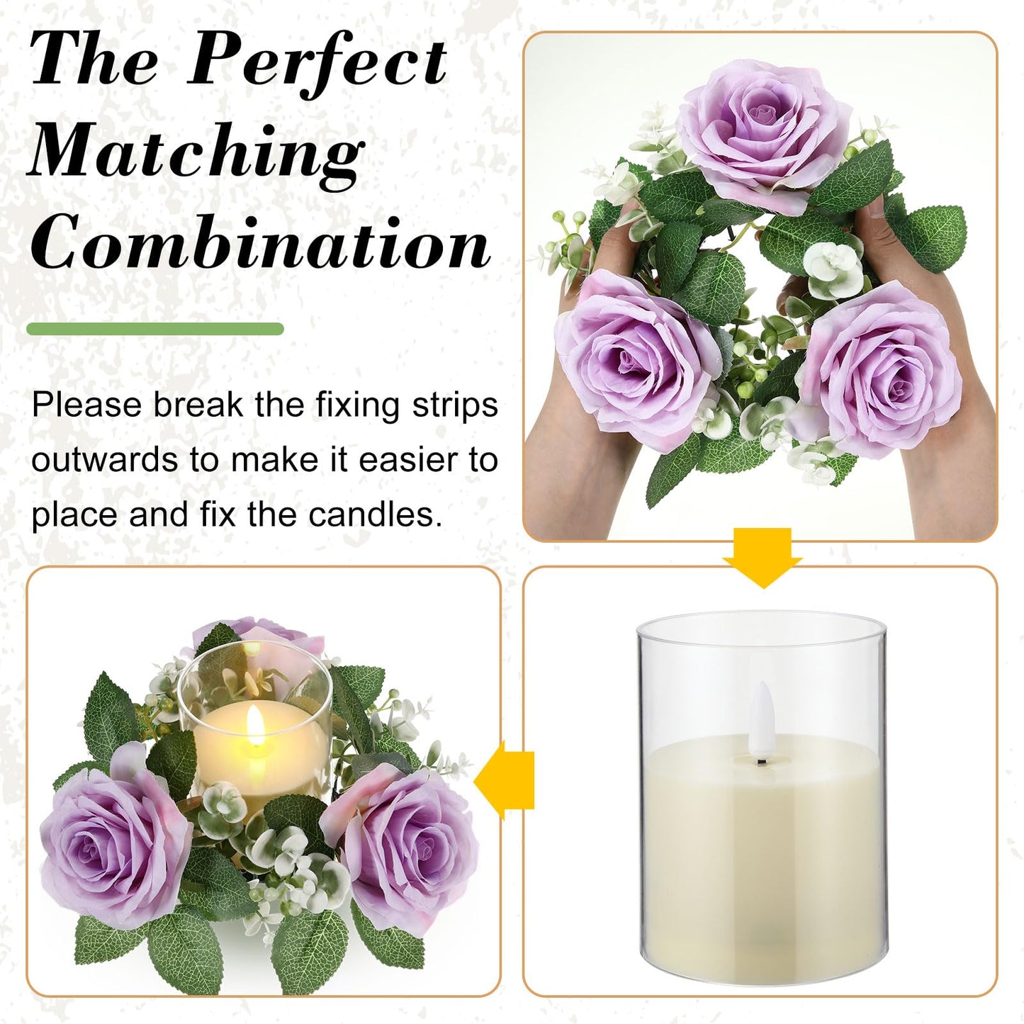 Yunlly 12 Pcs Rose Candle Rings with Flameless Candles Sets, Artificial Flower Eucalyptus Wedding Centerpiece 3 Inch Pillar Candleholders Wreaths for Wedding Party Mother's Day (Purple)