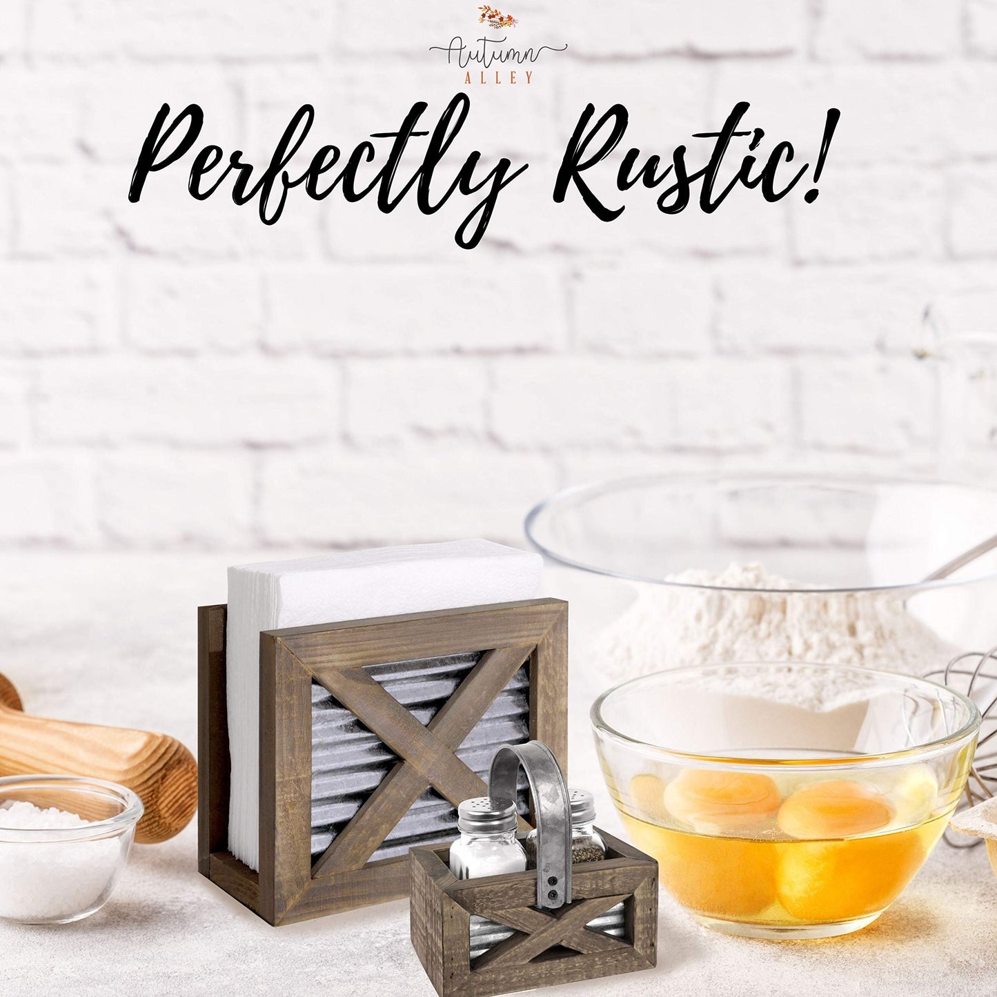 Autumn Alley Farmhouse Napkin Holder and Adorable Farmhouse Salt and Pepper Shakers Set With Wood Holder - Western Kitchen, Galvanized Metal - Upright Rustic Napkin Holder Rustic Kitchen Décor (Brown)