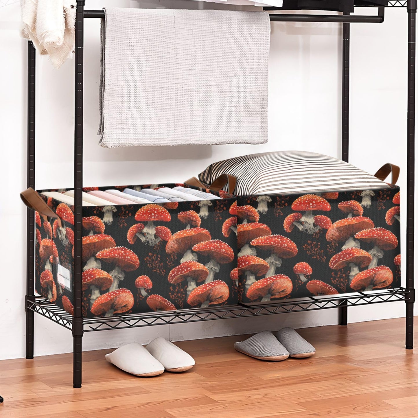 Red Mushrooms Amanita Mushroom Storage Basket Foldable Cube Storage Bins with Handles&Label Waterproof Collapsible Organizer Box Bin Large Rectangle Decorative Baskets for Shelves Home Room Laundry