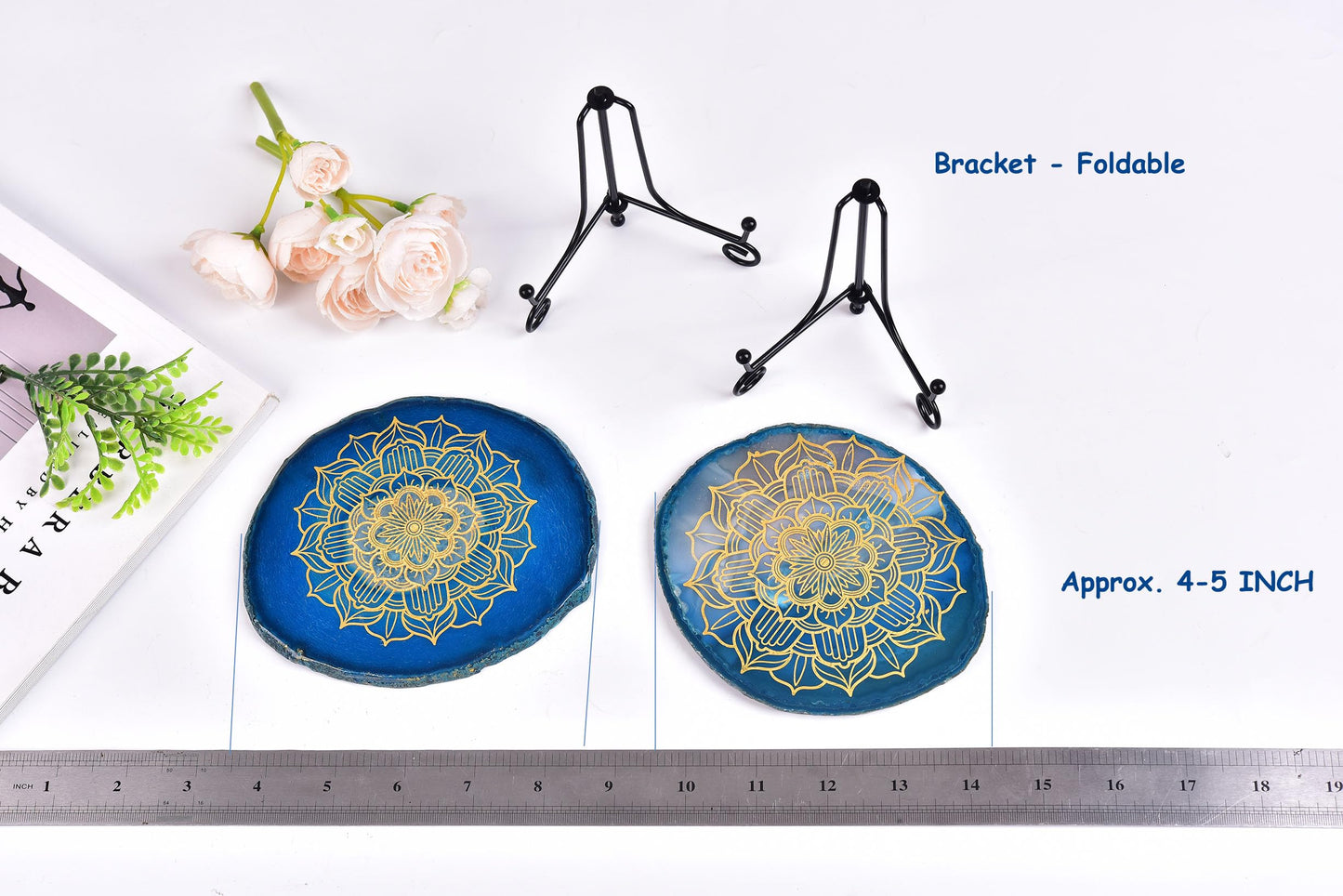 AMOYSTONE Spiritual Decor - Laser Engraved Mandala on Natural Agate Slice in Blue, 4-5" with Foldable Stand