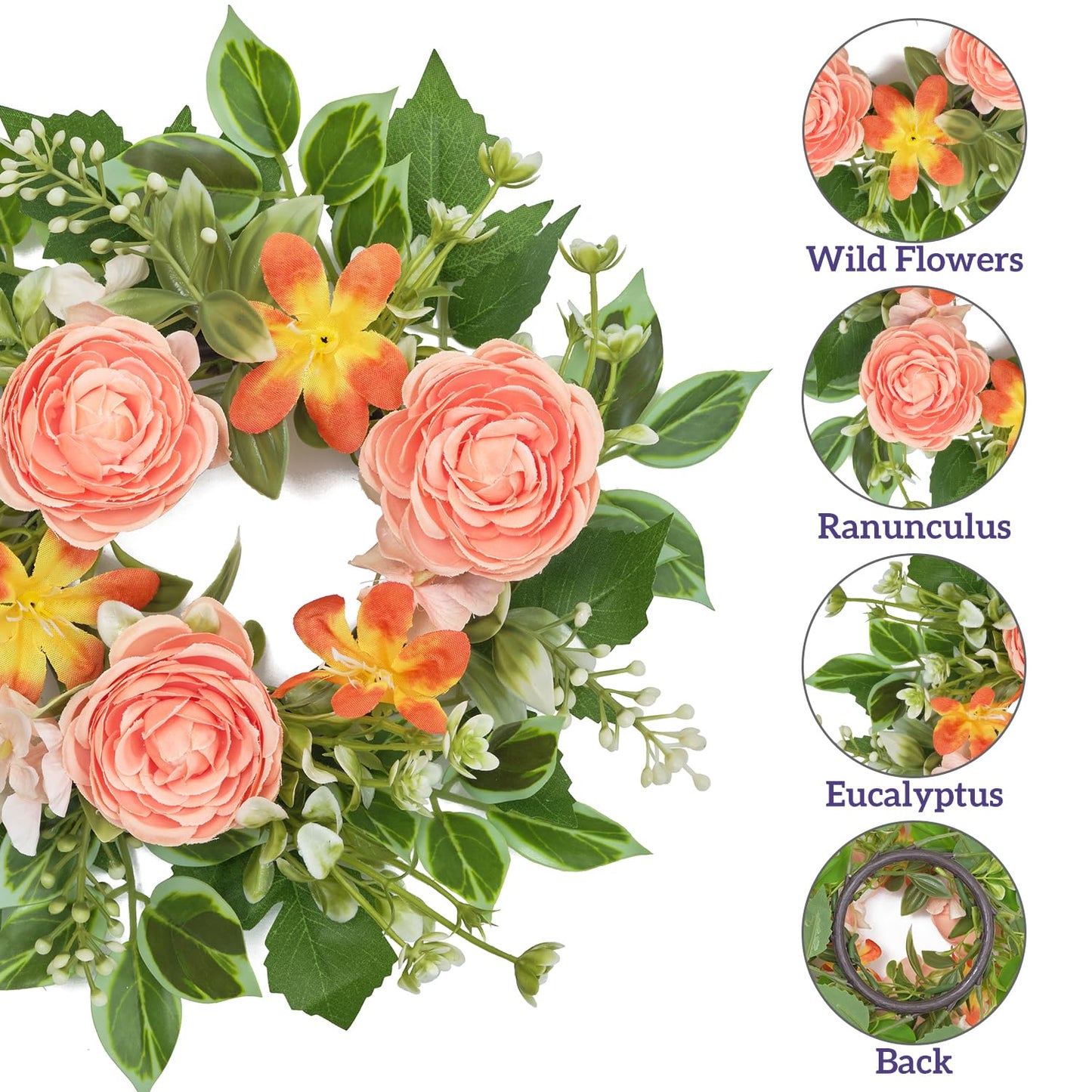 WELL KNOWN 2 Pcs Mini Spring Floral Candle Rings Wreaths for Pillars Home Table Window Decor, 9 Inches Artificial Flower Cabinet Wreath for Kitchen Farmhouse Wedding Party (Peach Ranunculutus)