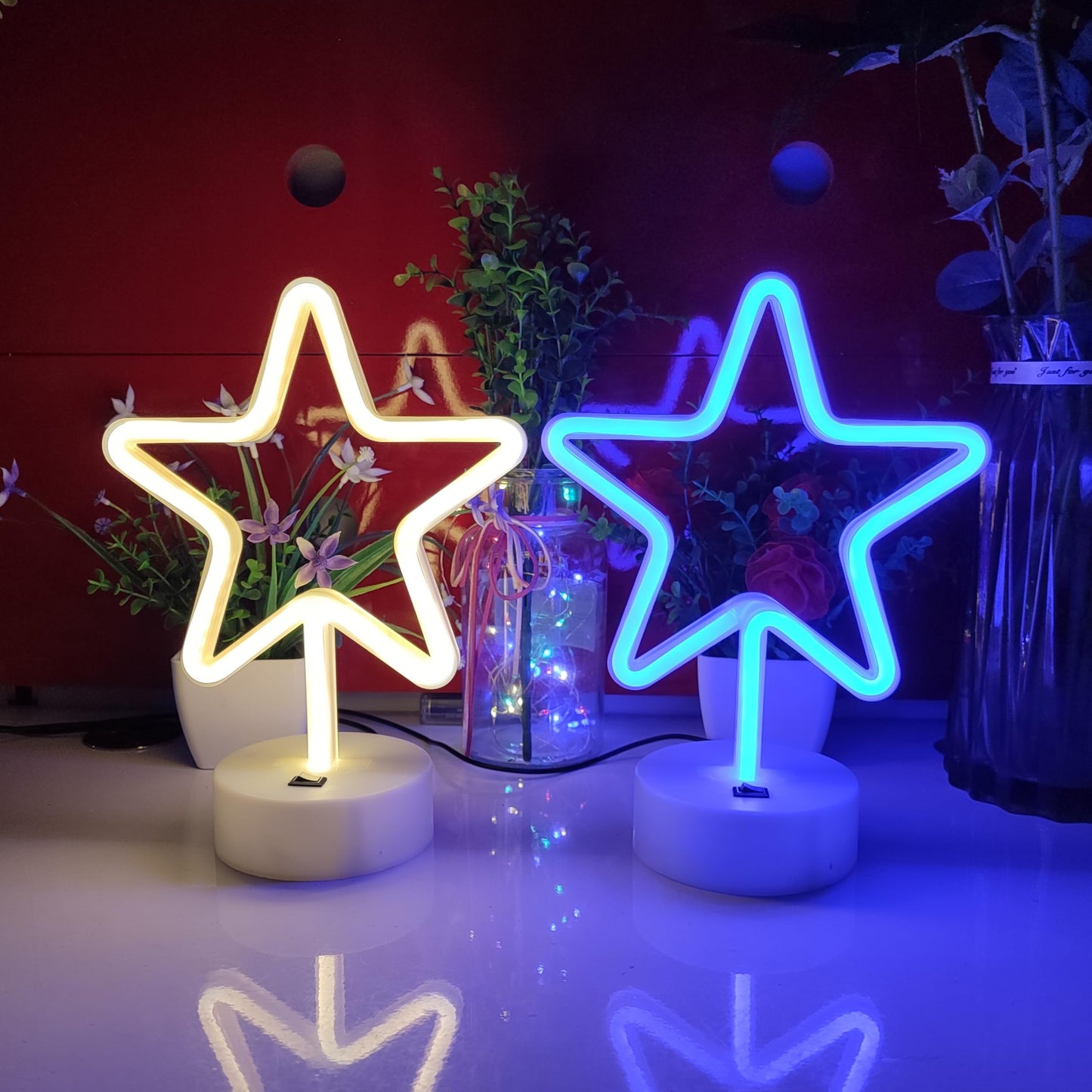 JYWJ Star Neon Signs with Holder Base,USB or 3-AA Battery Powered Neon Light,LED Desktop Wall Decoration,Various Parties,Decoration of Business Premises(Warm)