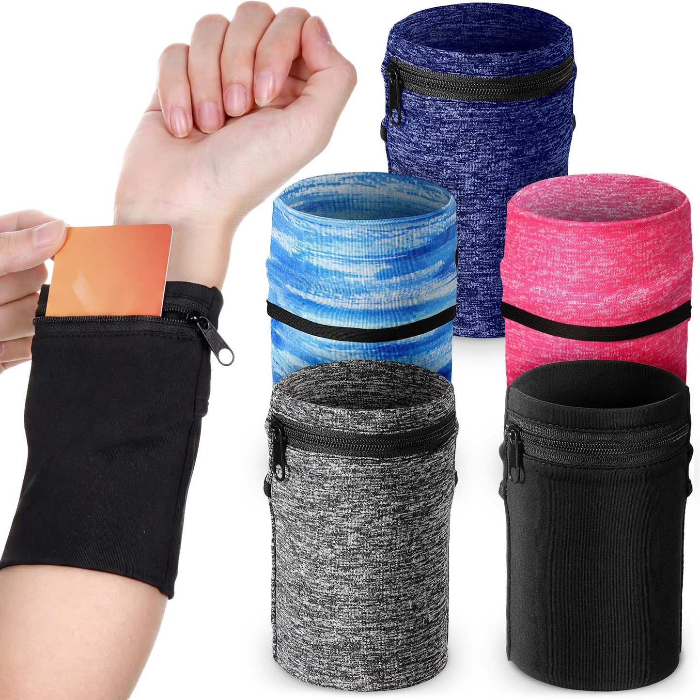 Honoson 5 Pcs Wrist Wallet for Women Men, Zipper Wrist Pouch Running Wallet Wristband Sweatband, 2 Pockets, Spandex, Large, Dark Colors for Running, Walking, Hiking, Jogging, Travel