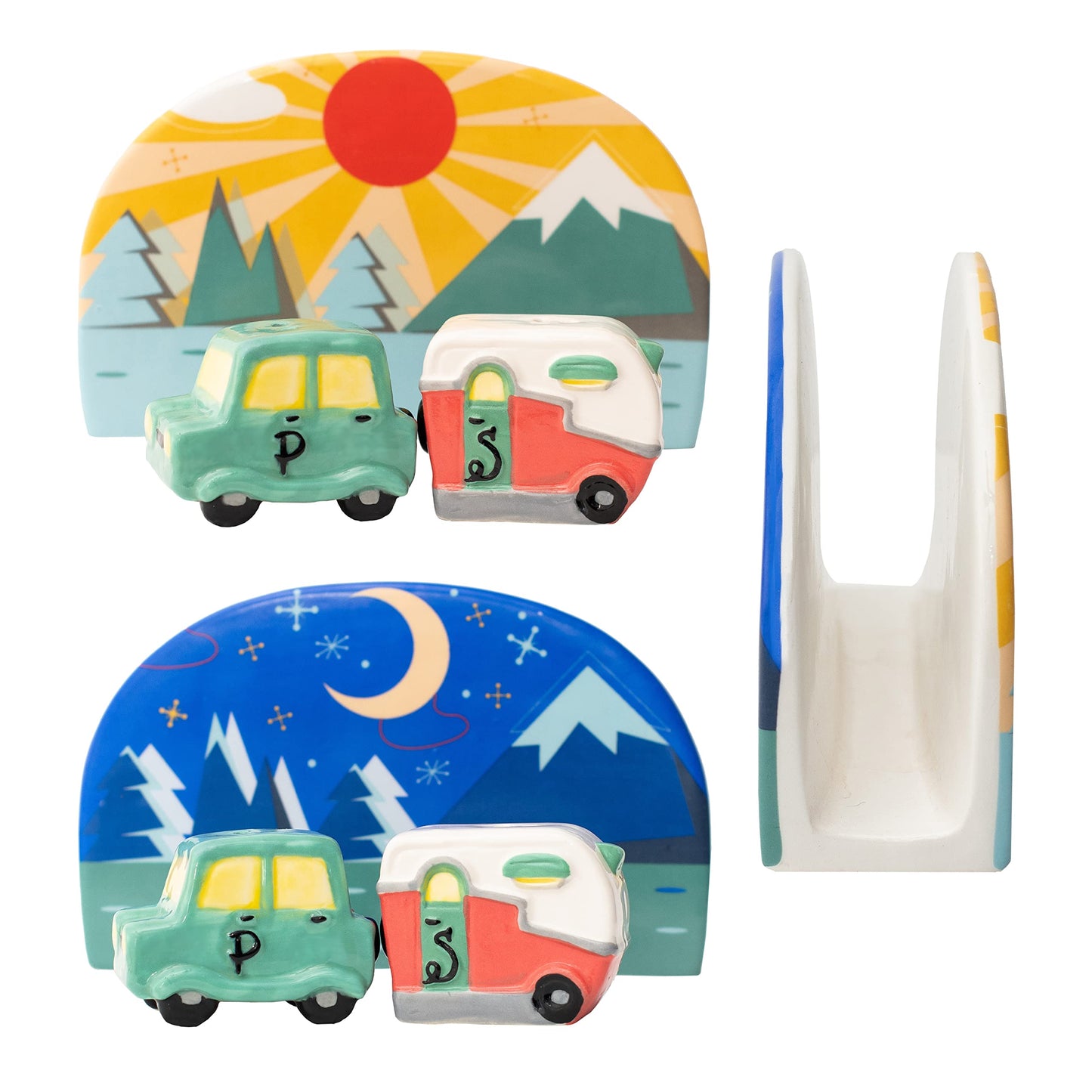 Salt and Pepper Car and Camper Spice Shakers & Napkin Holder, Sun and Moon Reversible Camping Decor, Spice Set, Retro Refillable, 4.6 x 7.2 x 2.5, Travel Camper Accessories