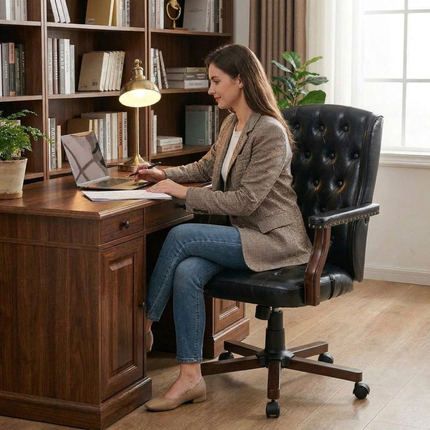 Executive Office Chair, Ergonomic Faux Leather Desk Chair with Wingback Design, Swivel Adjustable Home Office Chair for Computer Desk, Comfortable Task Chair for Home Office, Black