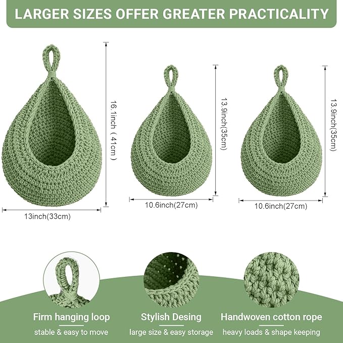 Halidali Hanging Fruit Baskets for Kitchen, 3 Pack Boho Cotton Rope Handwoven