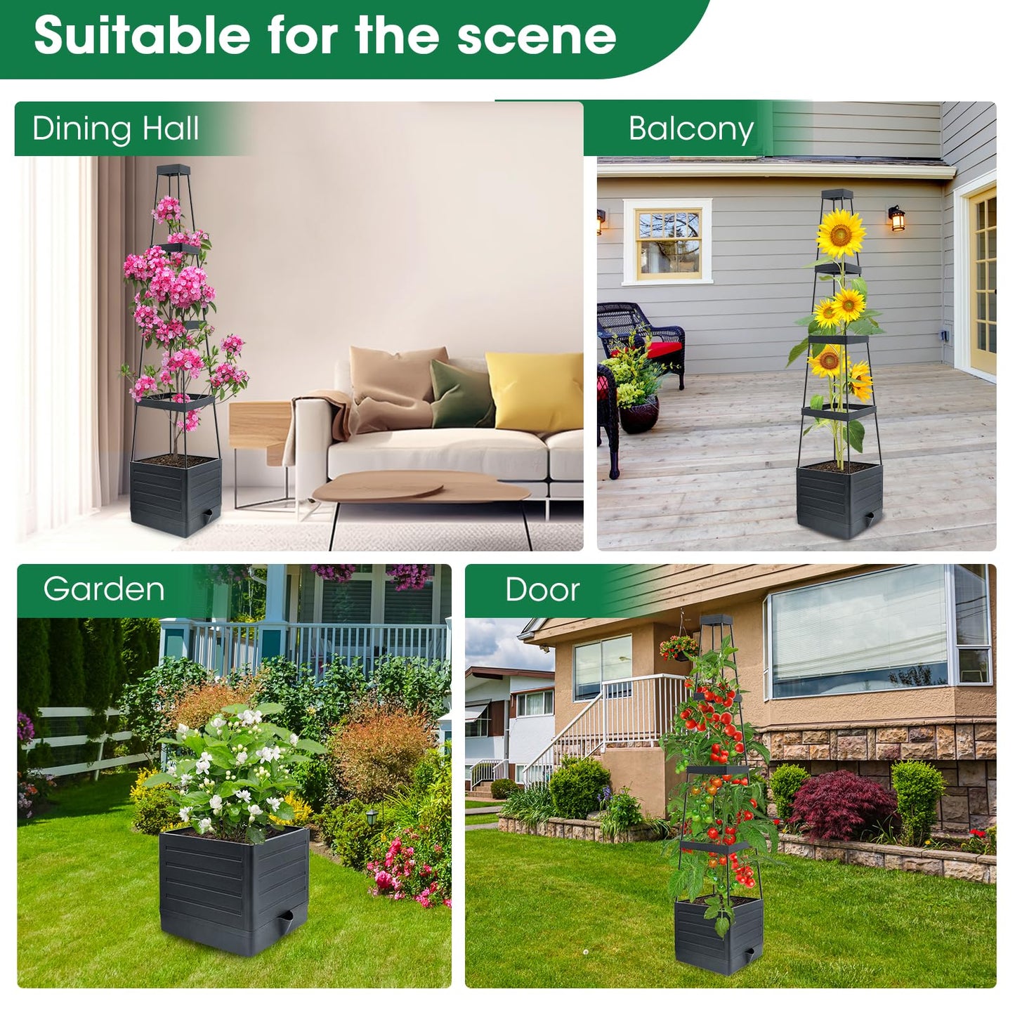 MQFORU 4Pack Raised Garden Bed Planter Boxes with Trellis, 57" Self-Watering Tomato Planter Boxes with Trellis for Climbing Vegetable and Plants, Tomato Cage for Indoor Outdoor Use