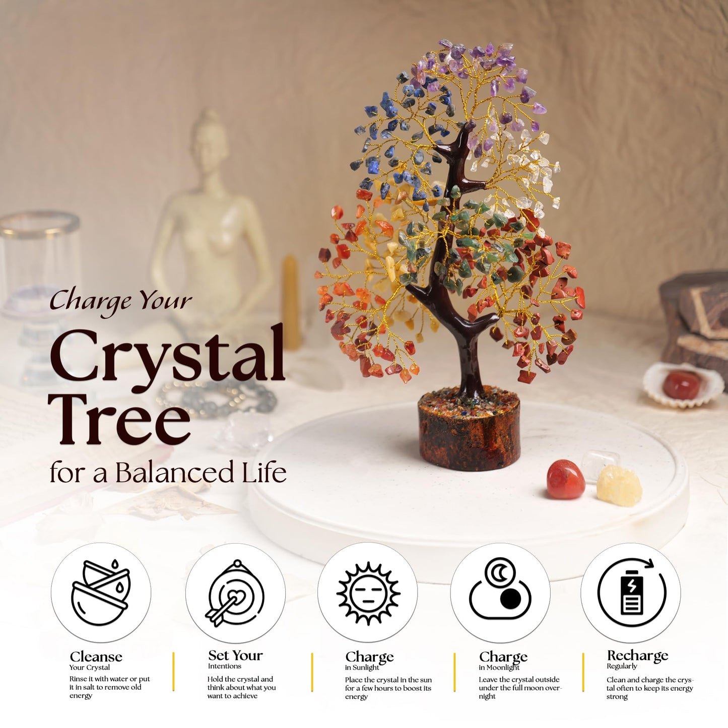 FASHIONZAADI Seven Chakra Tree of Life, Birthday Reiki Gifts for Women, Healing Crystal Gifts, Positive Energy Healing Crystals and Stones, Gemstone Healing 7 Crystal Tree