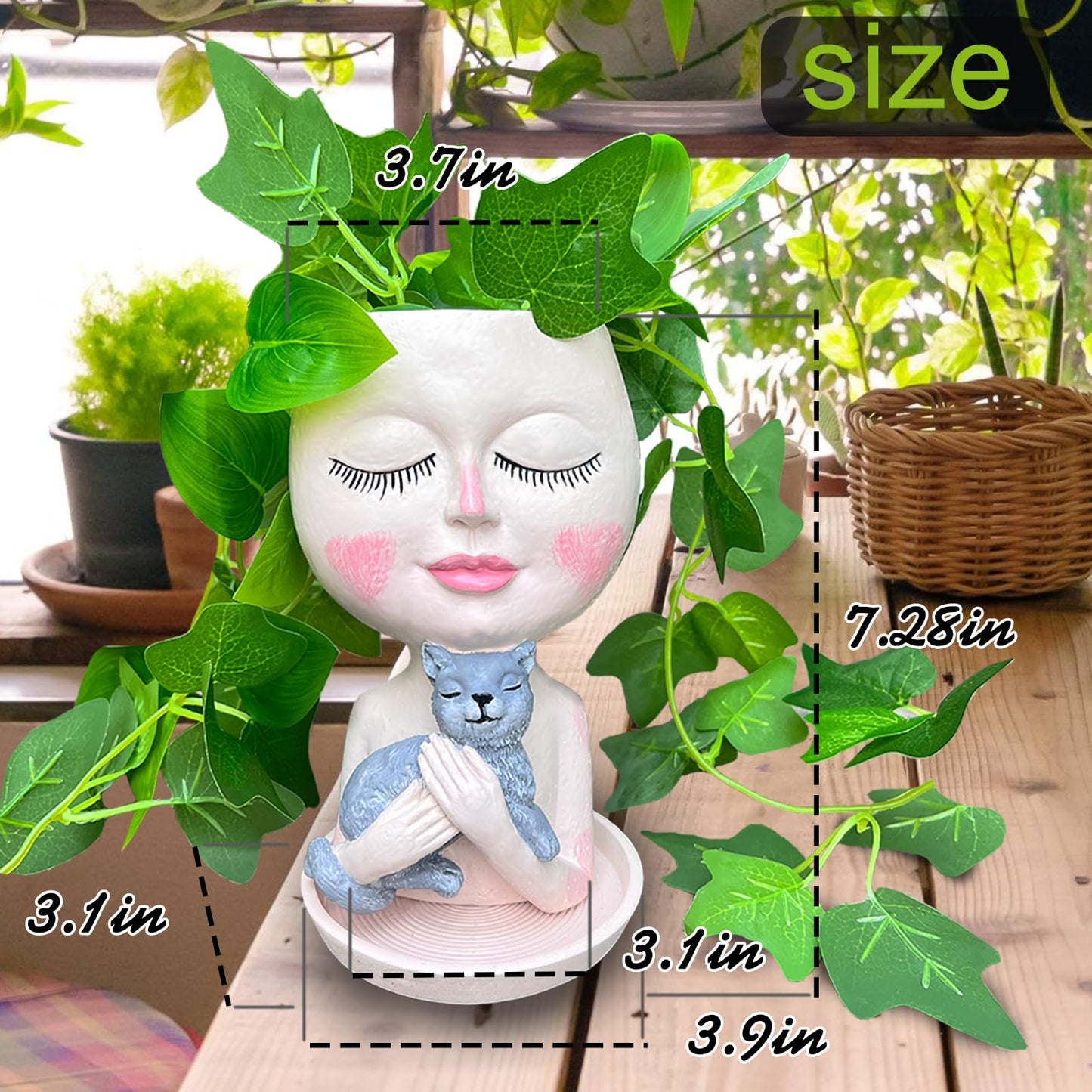 ASDFG Head Planter with Drainage Hole, Resin Art Vase, Cute Lady Hugging Cat Succulent Flower Pots, Unique for Indoor Outdoor Decor, 7.28in