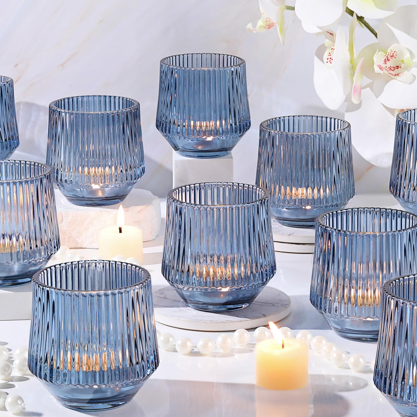 12 Pcs Large Blue Votive Candle Holders for Table Centerpieces- 3.15"×3.15" Ribbed Tea Candle Holders for Dusty Blue Wedding Decor, Bridal Shower Decorations