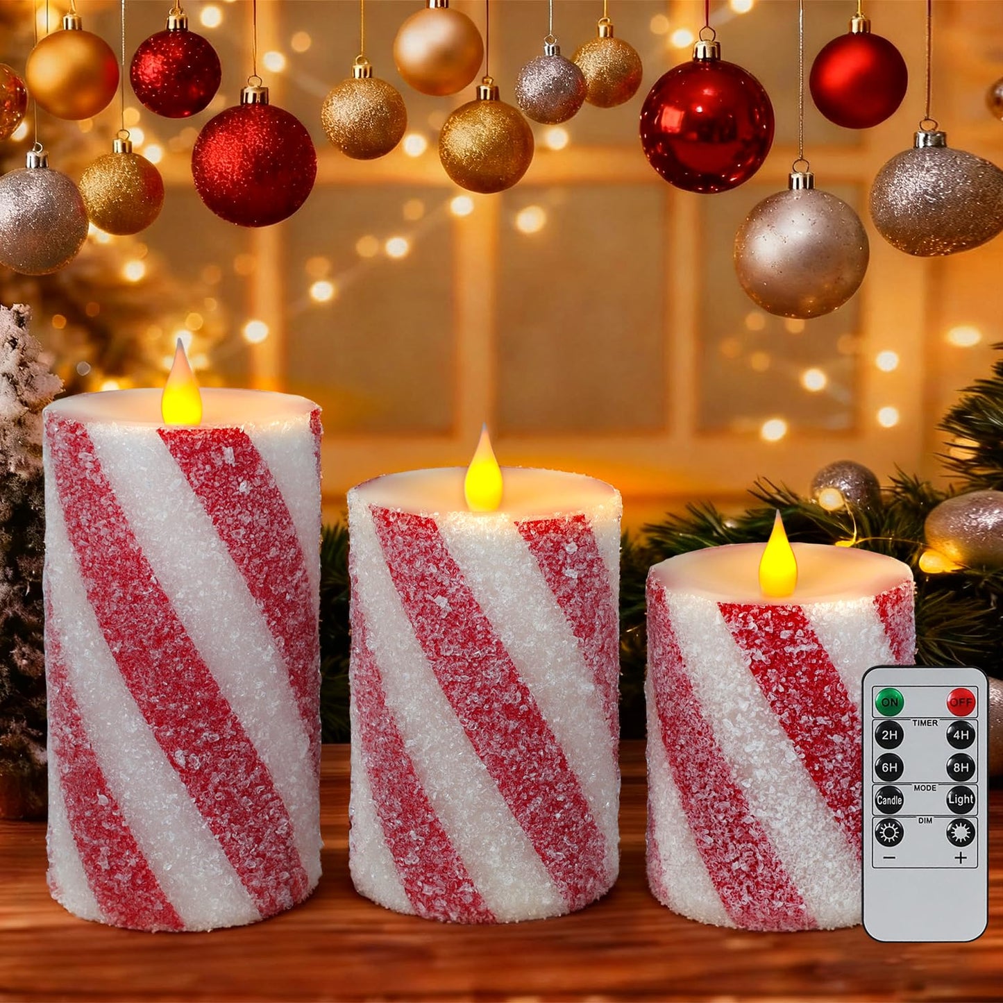 Christmas Pillar Flameless Candles Decor - Red and White Candy Cane Stripe LED Battery Operated Flickering Candles with Timer Remote Control Xmas Party Wedding Home Table Decoration