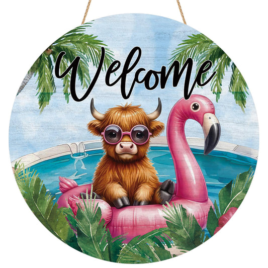 YINENA Summer Highland Cow Door Sign Wood Door Hanger Outdoor Porch Decor Summer Beach Farmhouse Wooden Wreath Indoor Wall Hanging Decoration