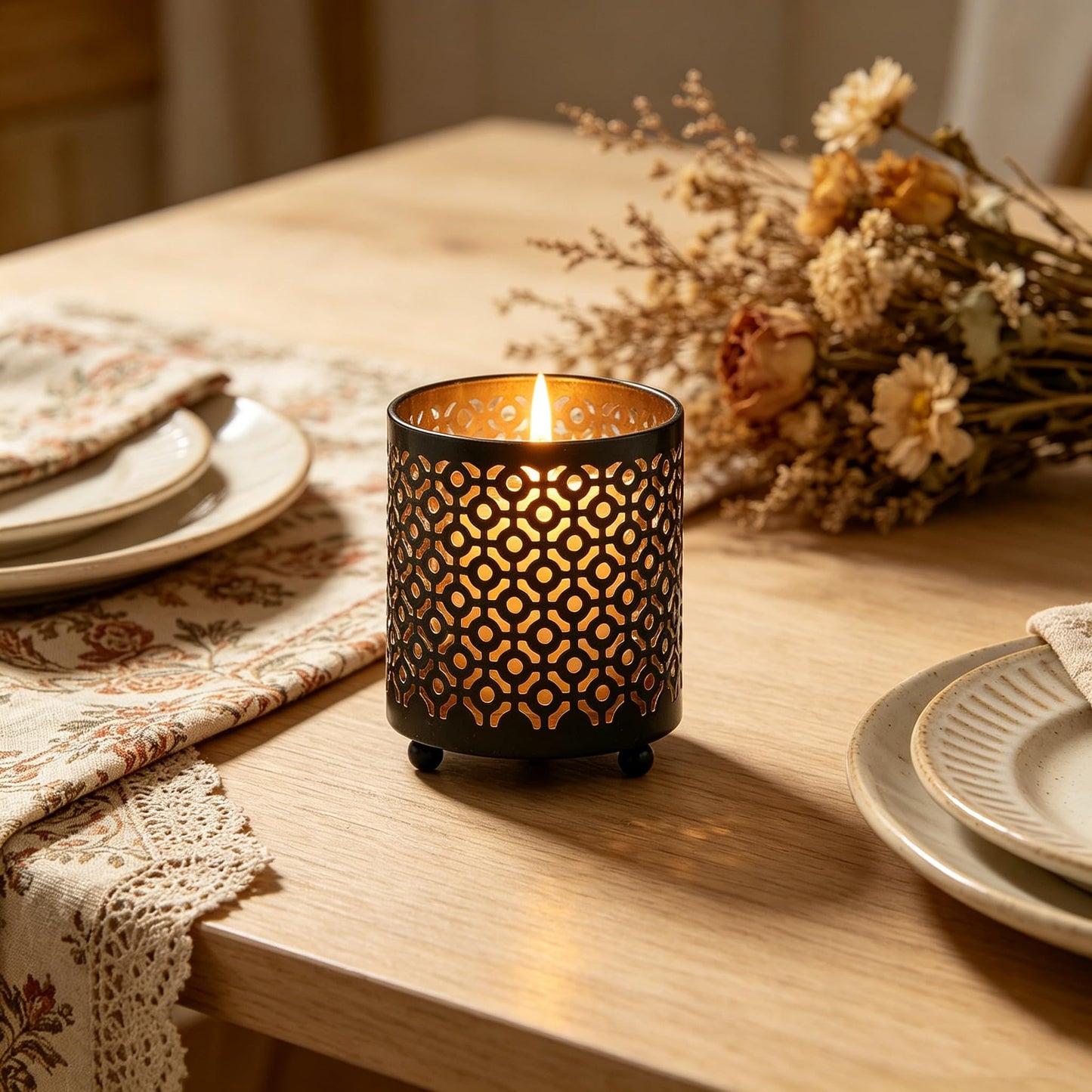 Hosley 4.5" Black Metal Candle Holder Sleeve Gold Interior for Tealights & Votive Candles Decorative Lantern for Home Décor, Weddings, Meditation, & Events