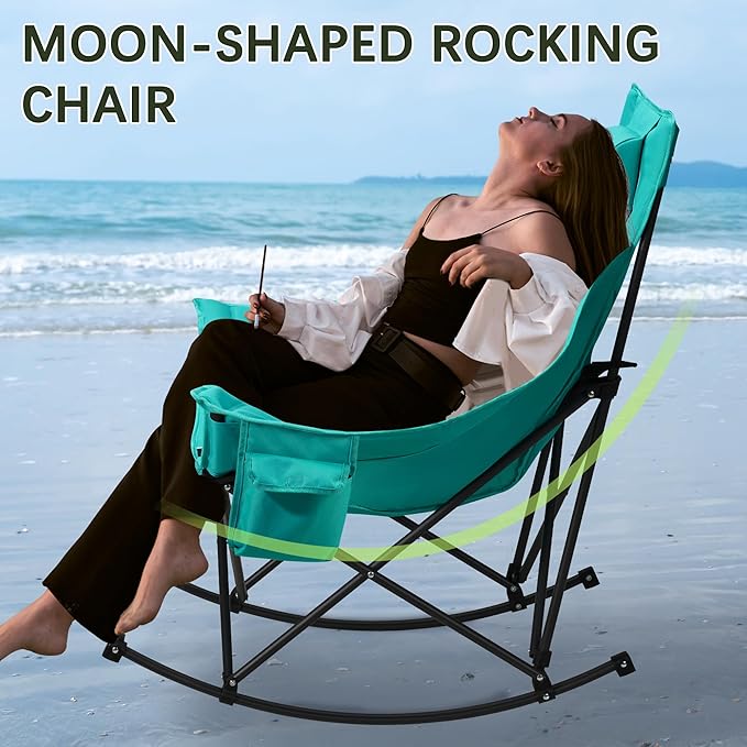 Oversized Rocking Camping Chair with Headrest & Cup Holder - 400lbs Capacity, 600D Oxford Fabric, Easy Fold Portable Outdoor Rocker Chair for Camping, Backyard, Beach, Blackgreen
