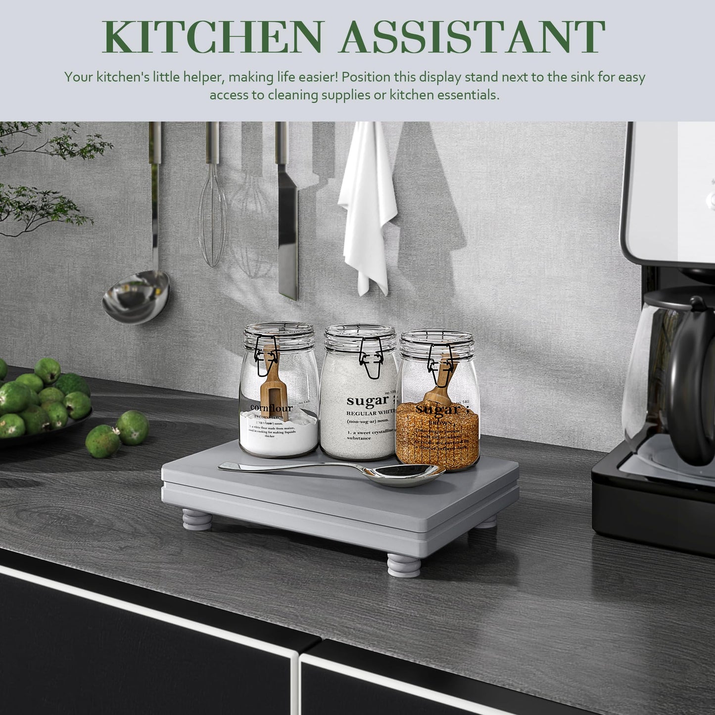 EOSAHR Wooden Tray Pedestal Stand for Home and Kitchen Decor – Decorative Tray for Soap Holder & Bathroom Essentials – Multi-Functional Bathroom Counter Organizer (Grey)