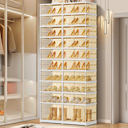 EHAMILY 10 Tiers 20-40 Pairs Foldable Shoe Rack for Closet Plastic Stackable Shoe Boxes for Garage Collapsible Shoes Shelf with Doors Storage Organizer Cabinet Quick Assembly,Brown