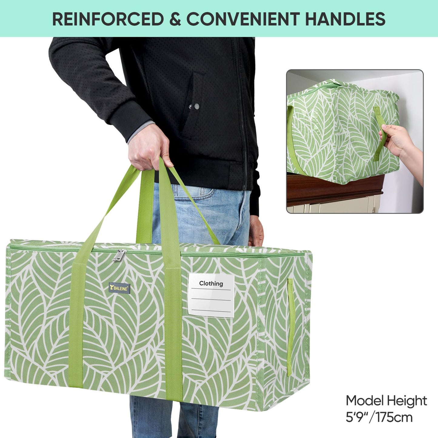 BALEINE Extra Large Storage Tote with Zippers & Carrying Handles, Heavy-Duty Oxford Fabric Moving Bags for Laundry, Space Saving, Storage, Antique Foliage