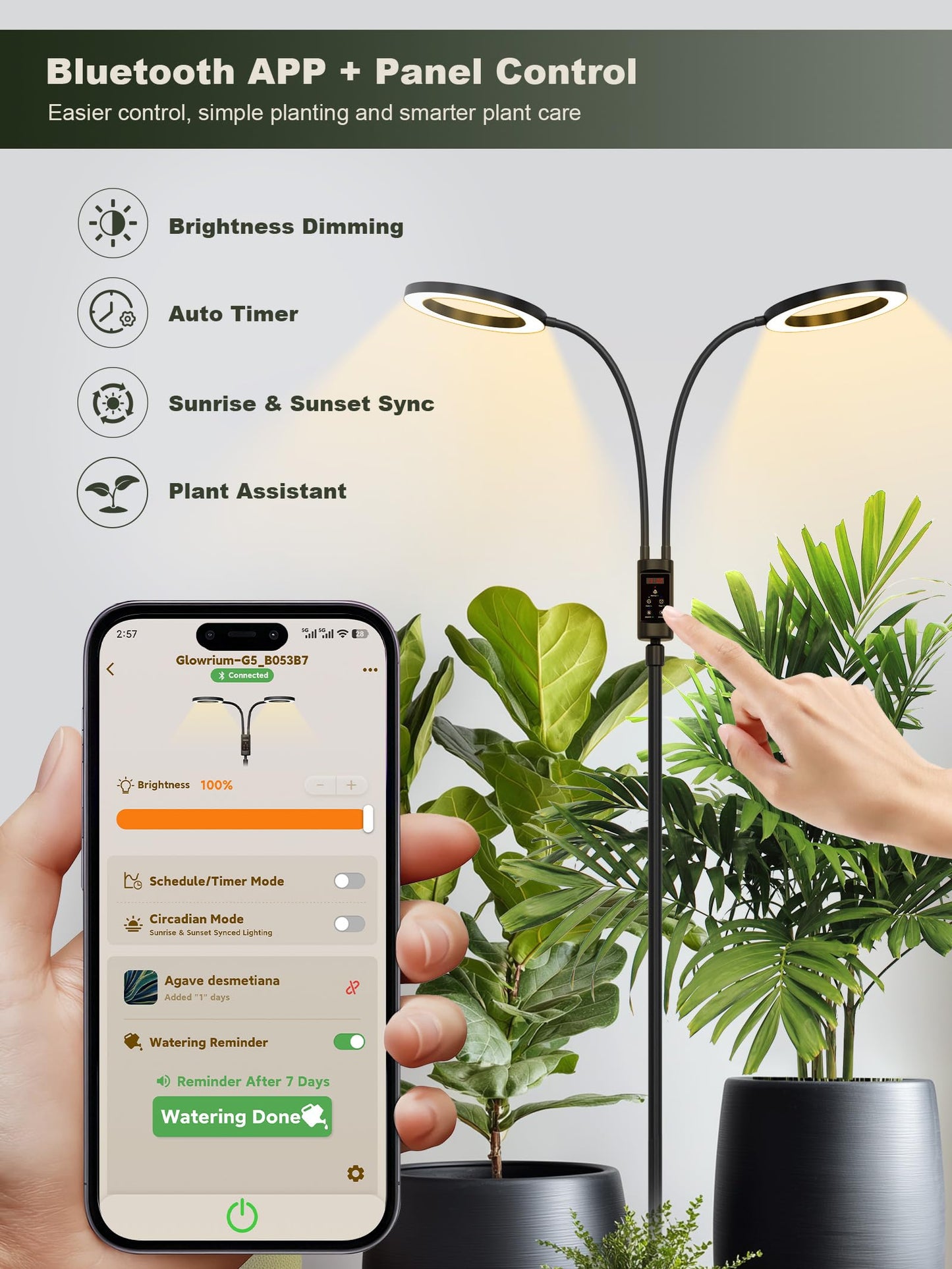 GLOWRIUM Smart Grow Lights for Indoor Plants, 48W Full Spectrum Plant Lights with Bluetooth App, Adjustable Height 47-70.9", Auto Timer, Indoor Plant Lamp for Large Tall Plants（Black 48W）