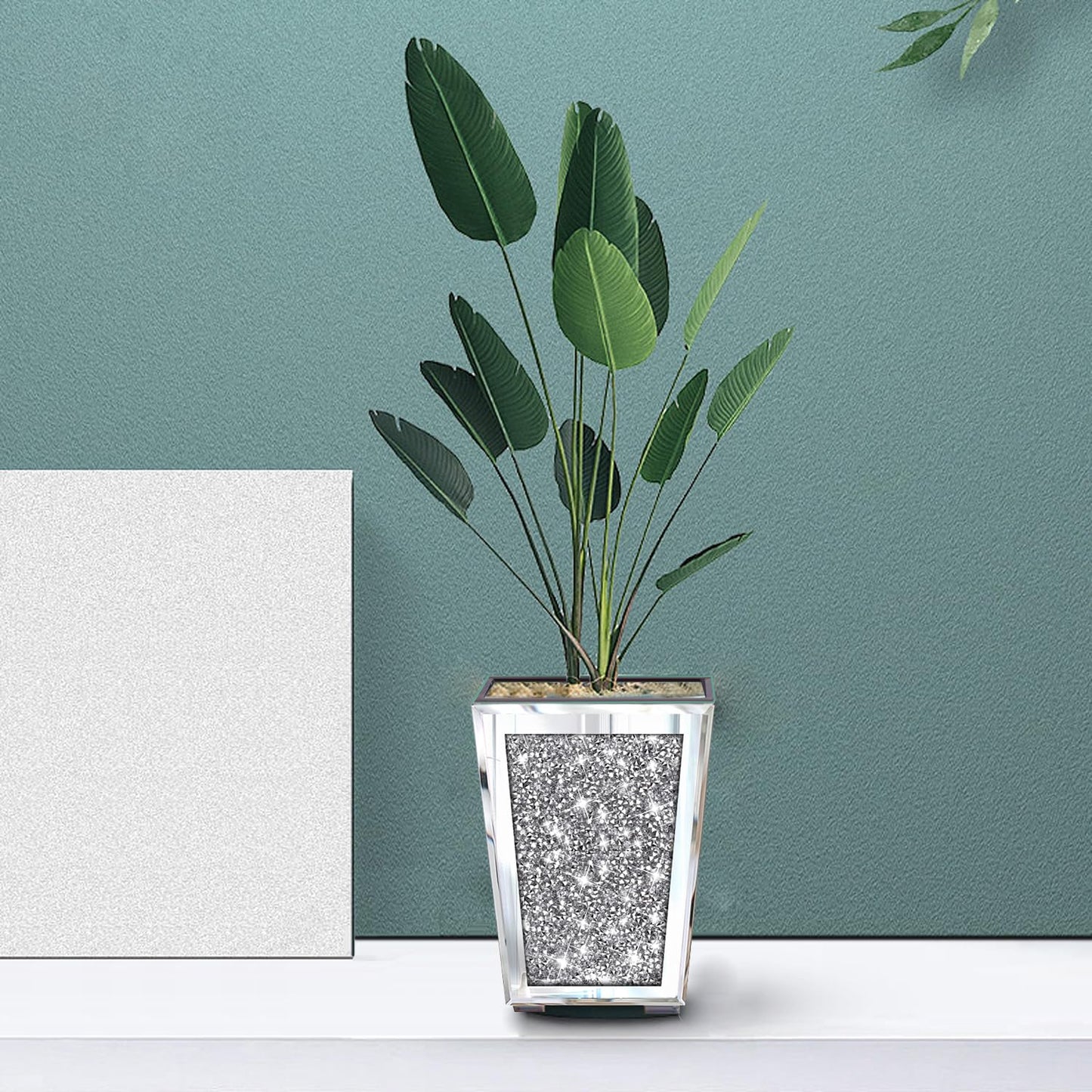 Meetart Crushed Diamond Mirrored Planter, Crystal Silver Glass Decorative Mirror Luxury Flower Pot ，with Drainage Hole and Tray for All House Plants, Succulents, Flowers, and Cactus.