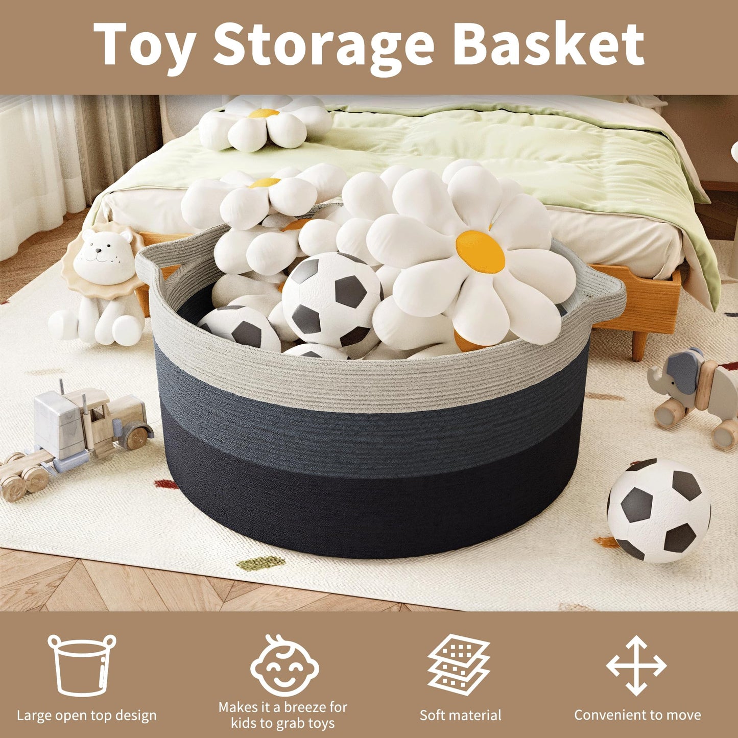 GOPAS 125L Extra Large Blanket Basket, 25" x 16", Jumbo Laundry Woven Basket Decorative Home, Cotton Rope Basket with Handles, Baby Toy Basket for Storage, Gradual blue