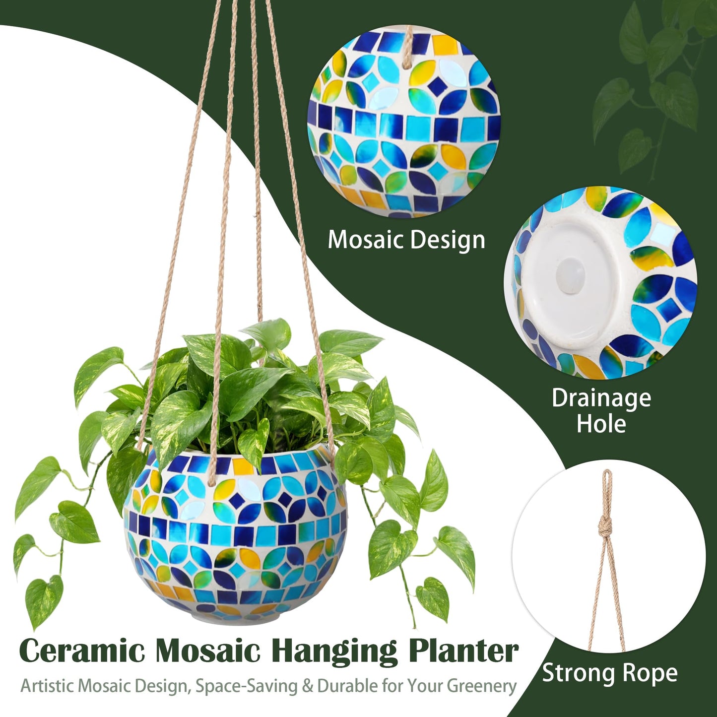 Chonsun Ceramic Hanging Planter Mosaic Hanging Flower Pot Small Plant Pot for Indoor Plant Garden Decor Disco Ball Planter with Drainage Square Blue