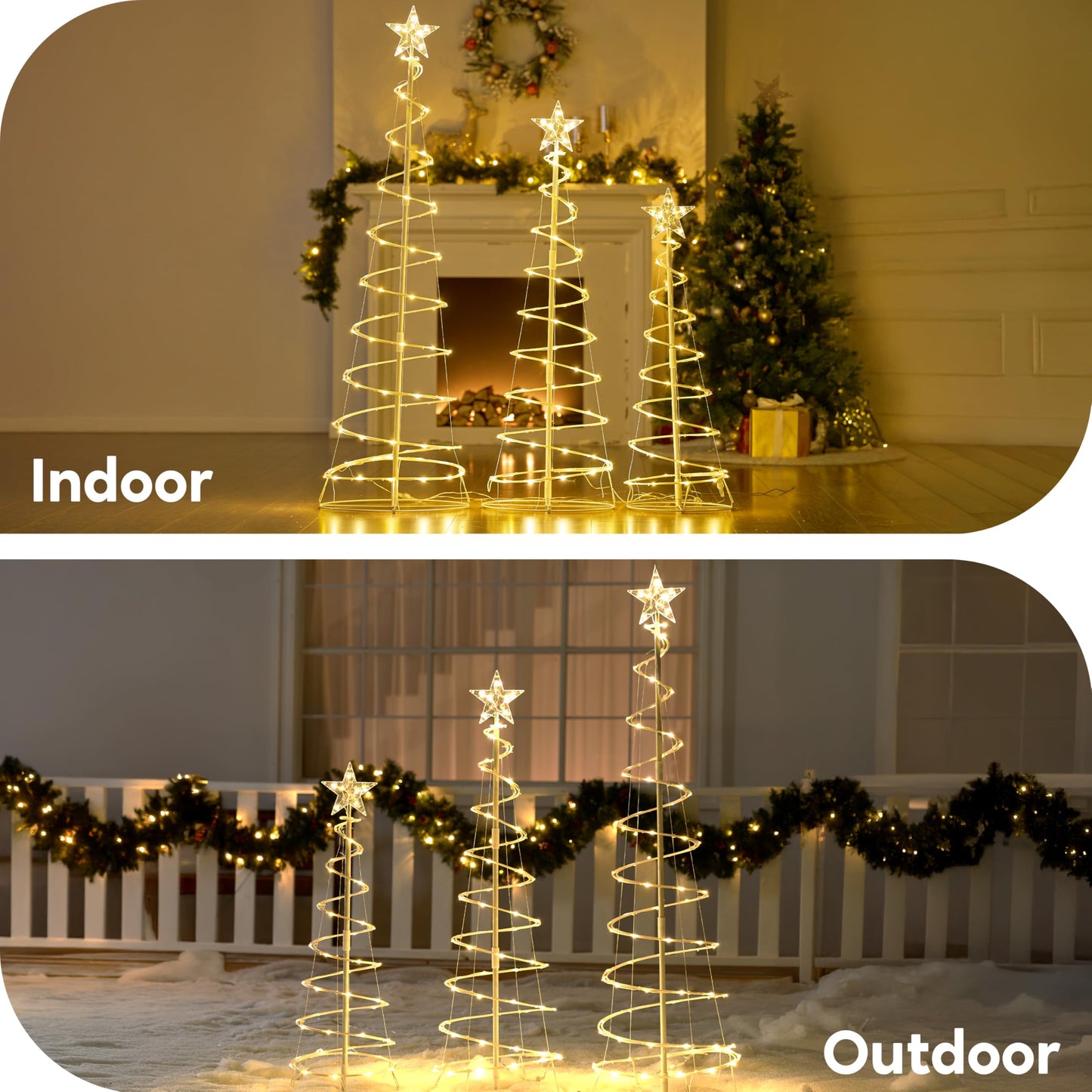 JOIEDOMI 3 Pack Spiral Christmas Tree Lights, 218 LED Outdoor Lighted Tree with Star Topper & Stakes, Christmas Decorations for Yard Porch Patio Garden Holiday Xmas Eve Night Décor, Warm White