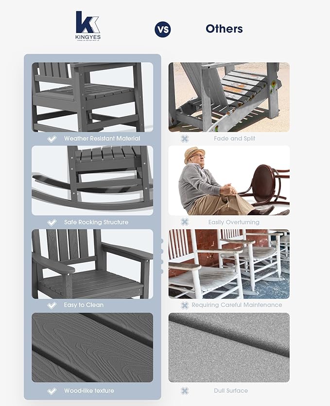 KINGYES Oversized Outdoor Rocking Chair Set of 4, High Density Polyethylene Patio Rocking Chairs with 330lbs Support for Adults, Gray