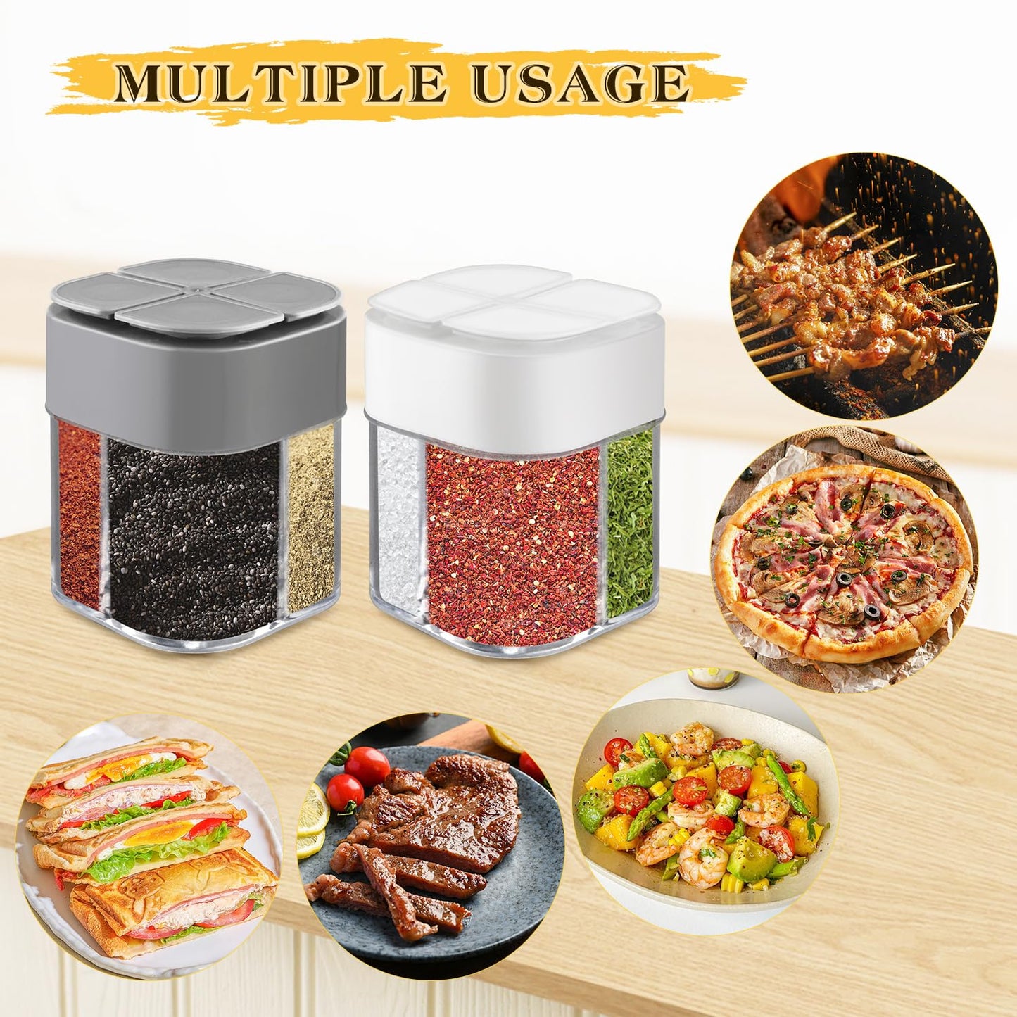 6 Pcs Plastic Salt Pepper Shaker 4 in 1 Spice Container Transparent Seasoning Shaker Dispenser Jar for Home Restaurant Kitchen Cooking Steak BBQ Camping Travel