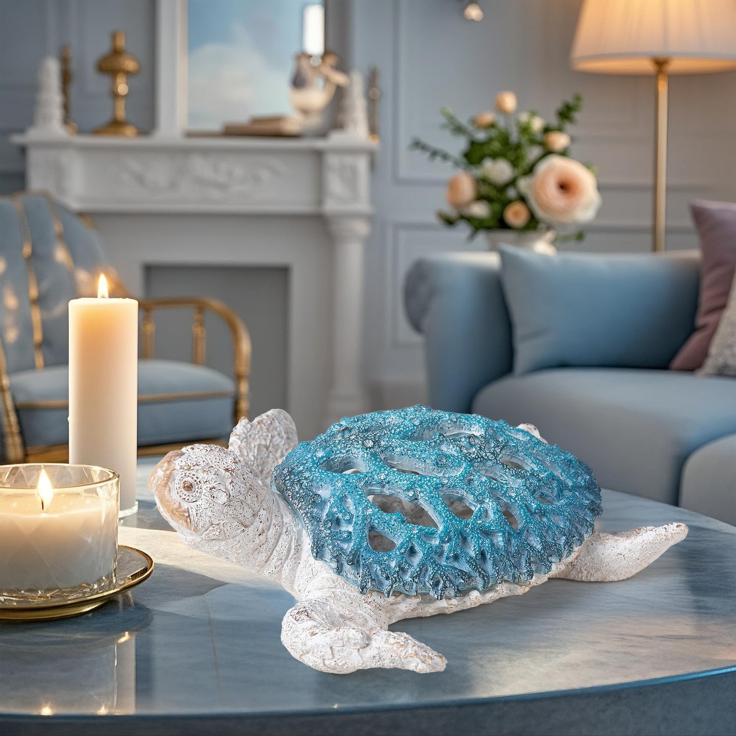 VVGIFTS Ocean Decor Sea Turtle Coral Reef Home Office Decor Sculpture Beach Coastal Tabletop Shelf Collection (Blue)