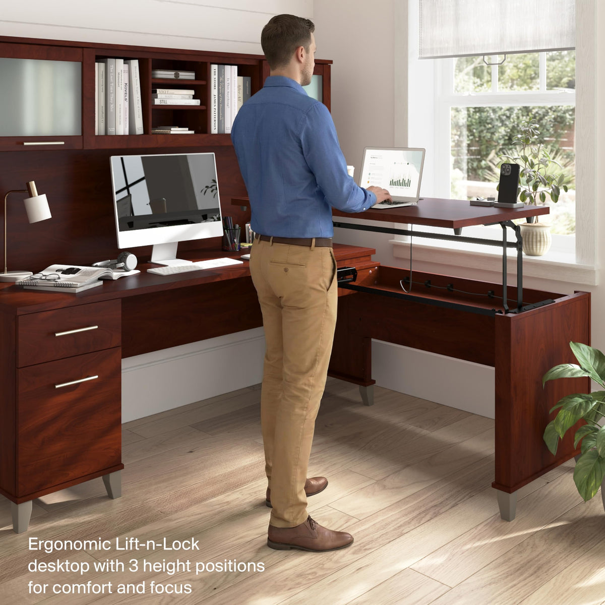 Bush Home 72-Inch L-Shaped Sit to Stand Desk with Hutch, Adjustable Height Standing Corner Computer Desk with Drawers, Shelves and Storage Cabinet, Home Office, Somerset Collection, Hansen Cherry
