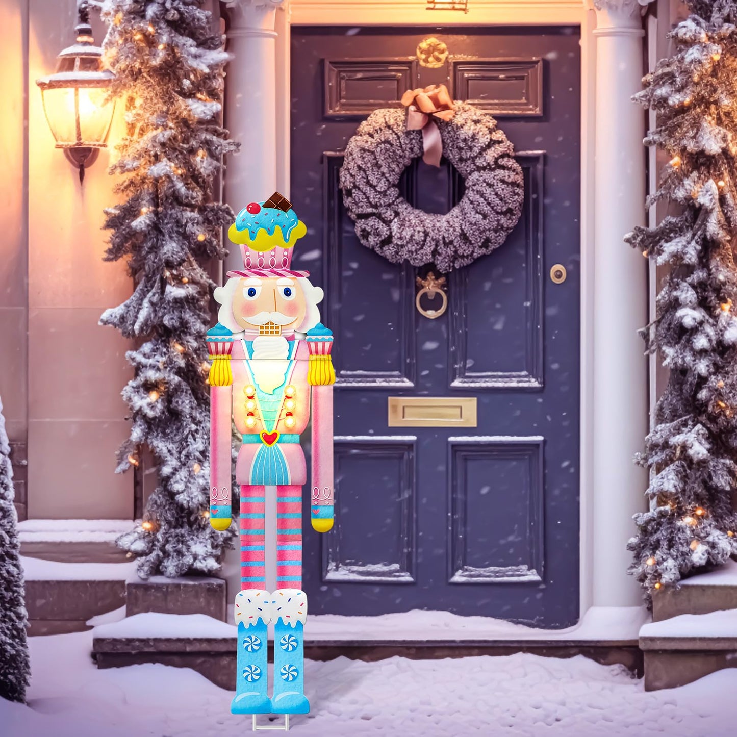 GlikCeil 39'' Outdoor Pre-lit Christmas Pink Nutcracker Yard Sign Candy Cane Theme Yard Nutcracker Large Metal Windproof Rainproof Solar Garden Stake for Xmas Outside Party Patio Home Pathway
